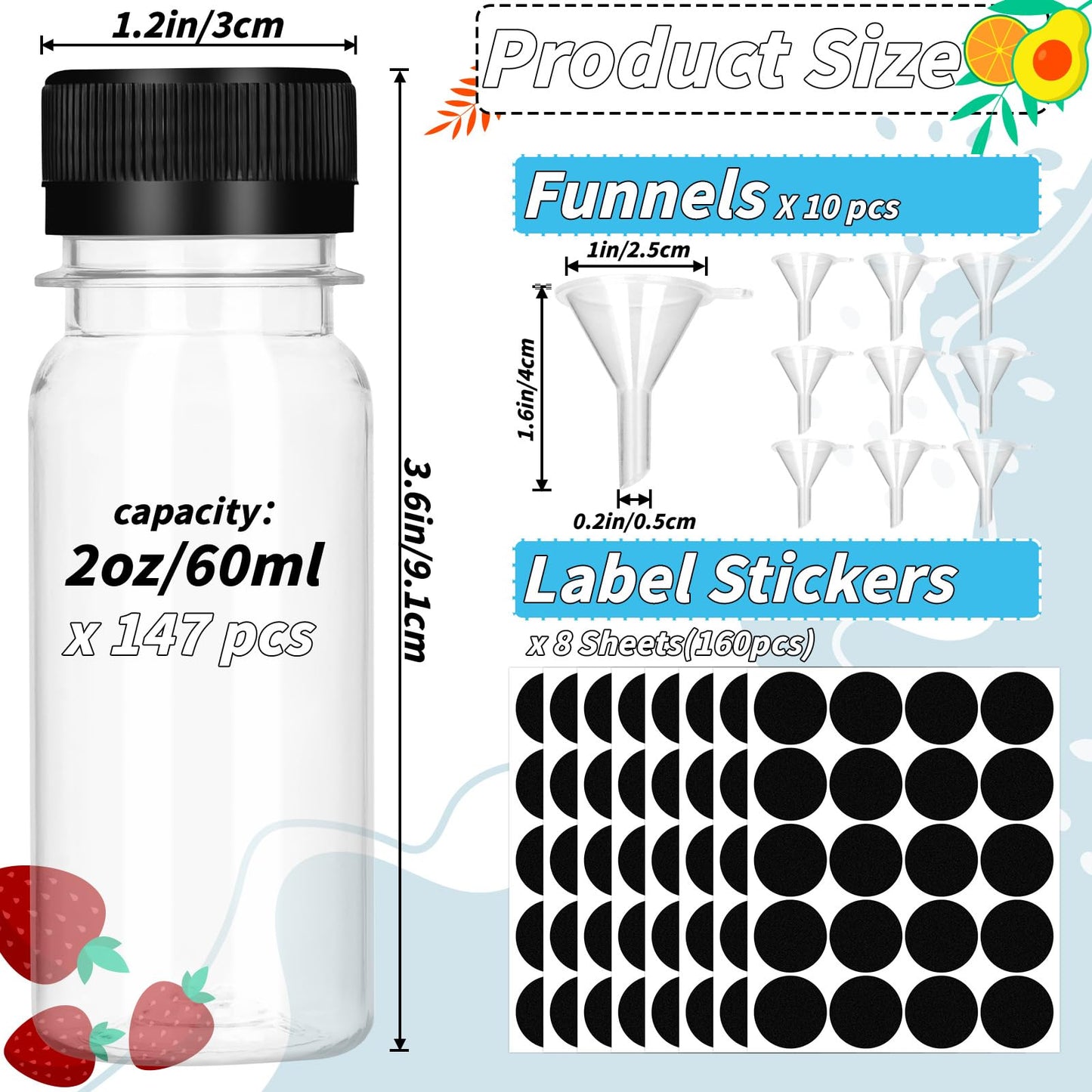 UZLU 165 Pcs 2 oz Small Plastic Juice Bottles with Black Caps Mini Clear Ginger Shot Containers with Tamper Proof Lids Reusable Travel Bottles with Funnels Labels for Juice Milk Water Other Beverages