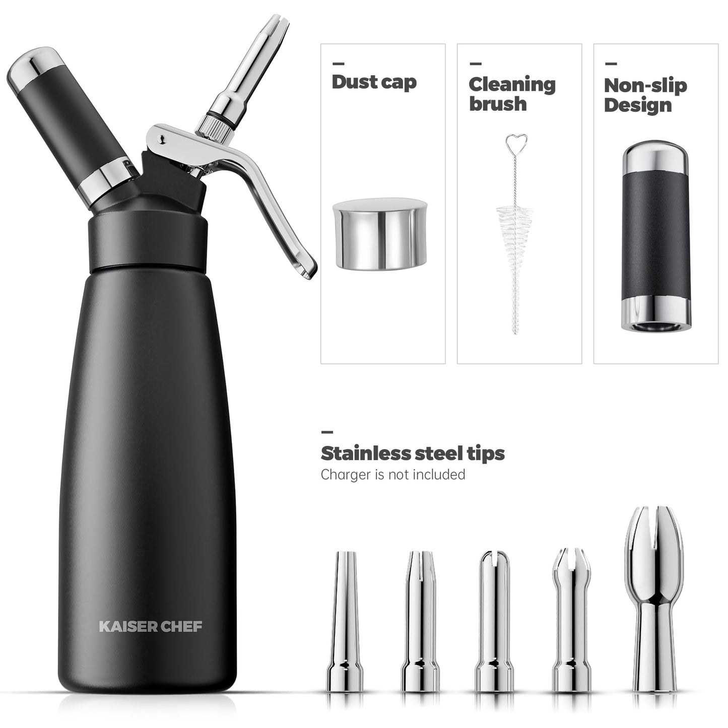 Professional Aluminum Whipped Cream Dispenser - 500 mL/1 Pint,Leak-Free Whipped Cream Maker Canister with 5 Decorating Nozzles & Cleaning Brush - for Desserts, Coffee Foam & Cold Foam (Black, 500ml)