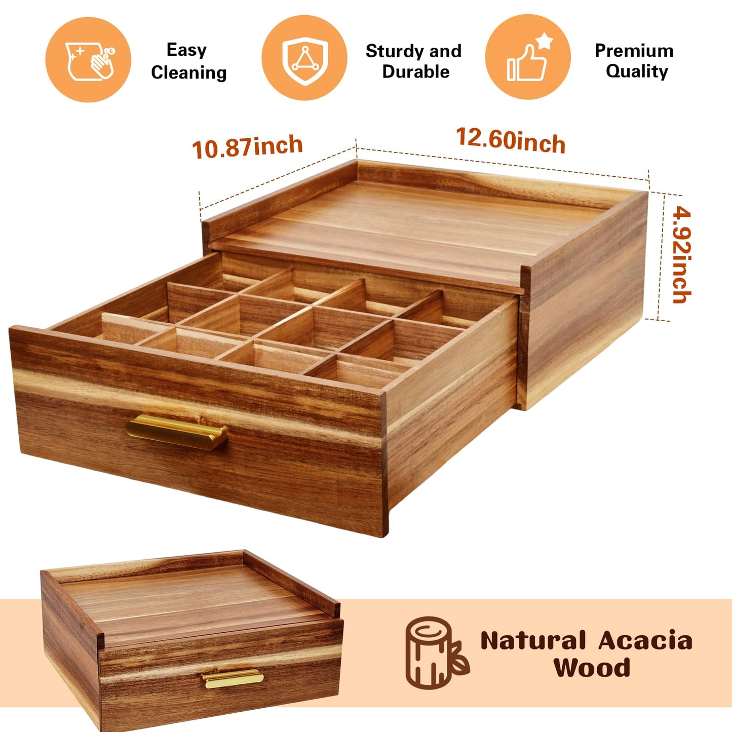 NANXITU Acacia Wood Tea Holder Organizer,Tea Box Organizer Storage Box,Tea Caddy for Tea Bags Organizer Drawer,with12 Compartments Multi-Functional Tea Station Chest for Countertop