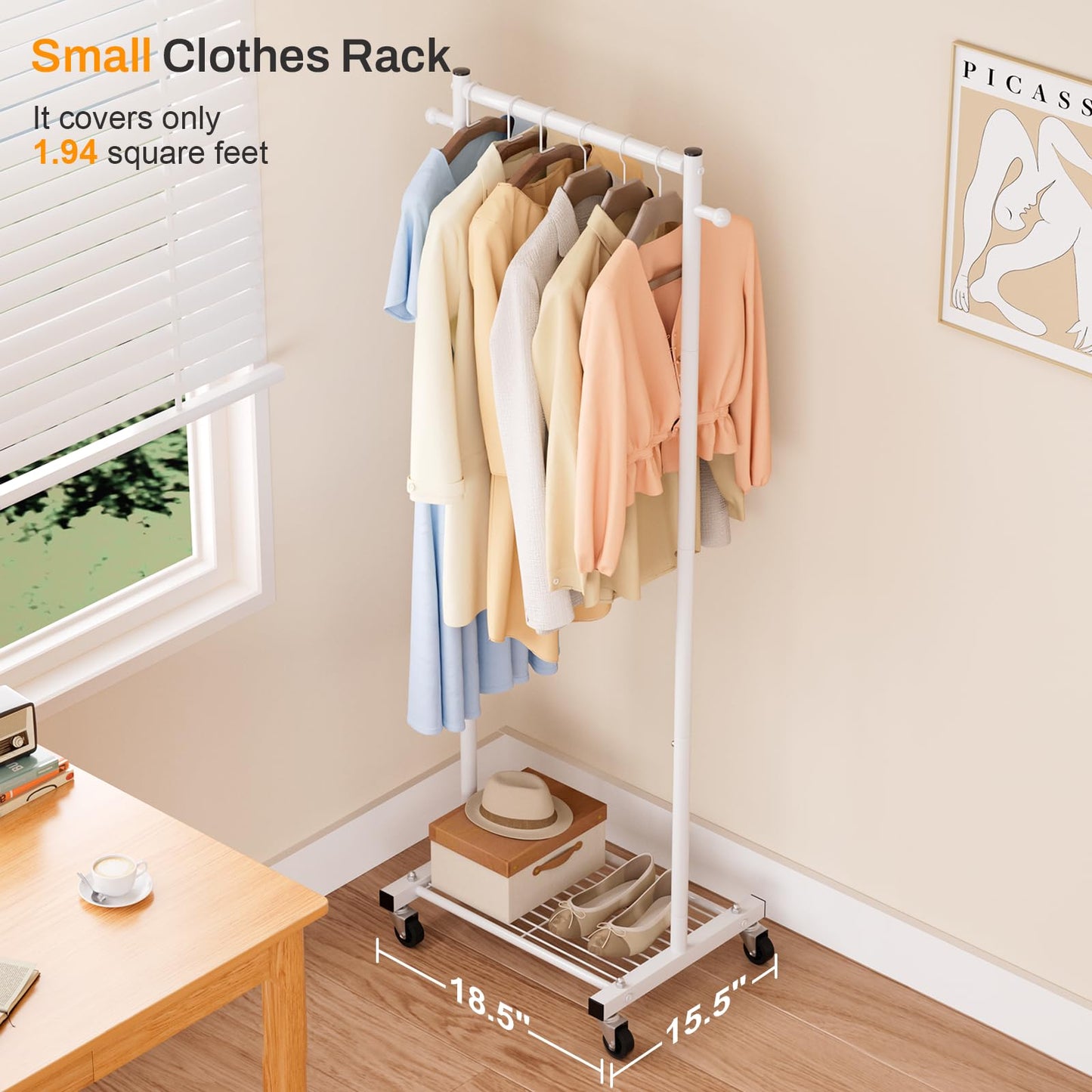 MISSLO Small Clothes Racks for Hanging Clothes Clothing Rack with Wheels 60" Garment Rack with Shelves Portable Rolling Wardrobe Rack for Small Space, White
