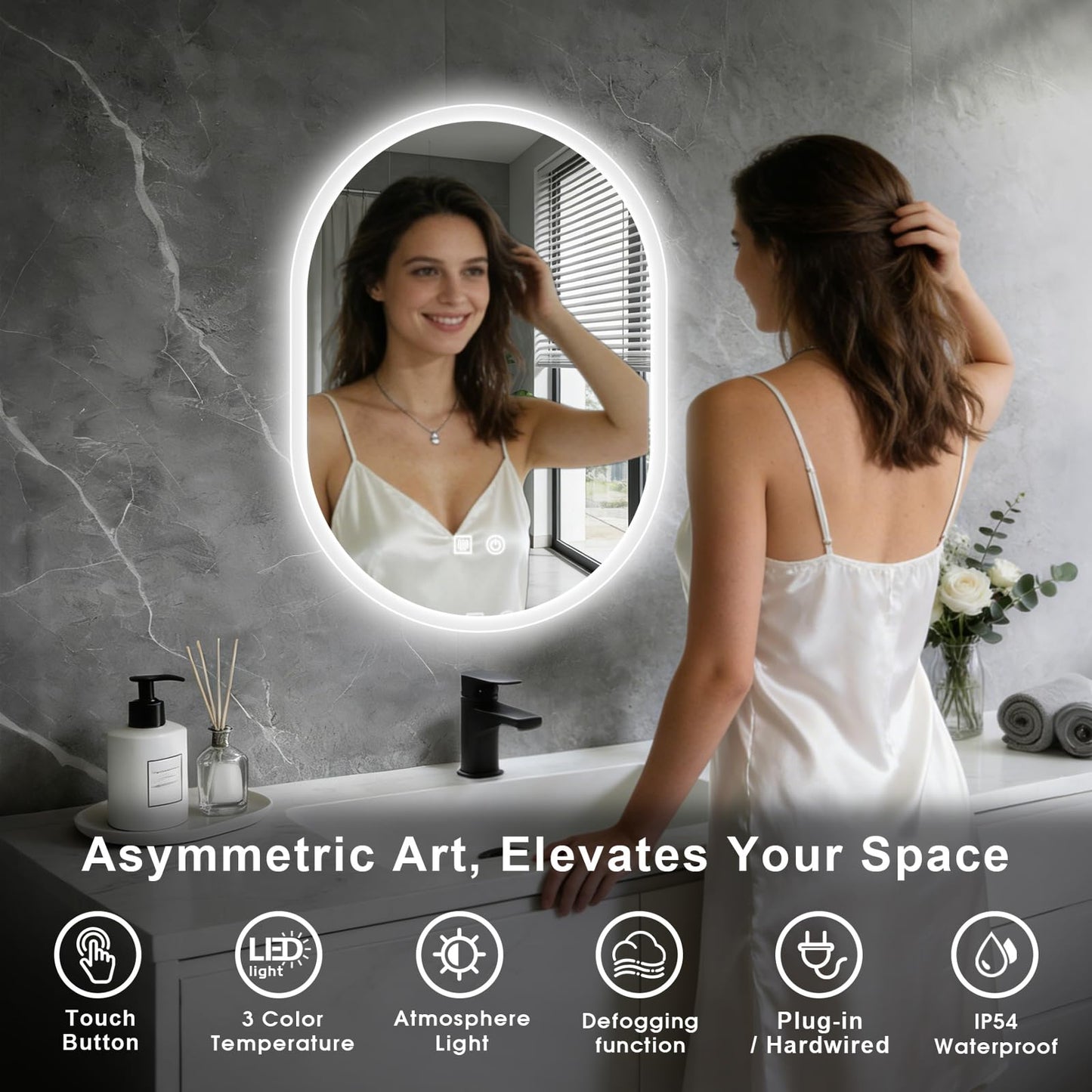 JingImage 20x28 LED Bathroom Mirror with Lights Oval, Lighted Bathroom Vanity Mirror for Wall, Front Lit and Backlight, Anti-Fog, 3 Color Dimmable, Vertically Only