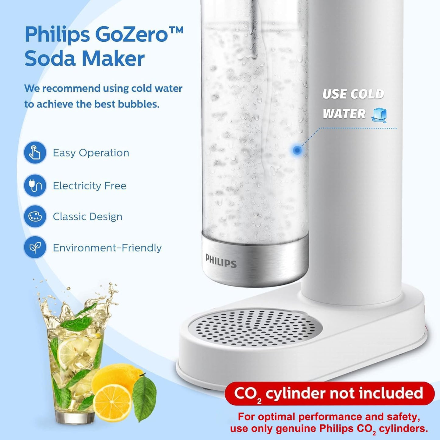 Philips Sparkling Water Maker, Soda Streaming Machine with Quick Twist Bottle, 1L BPA free PET Carbonating Bottle, Soda Maker Compatible with 60L CO2 Carbonator (NOT Included), ADD4902BKOQ/37