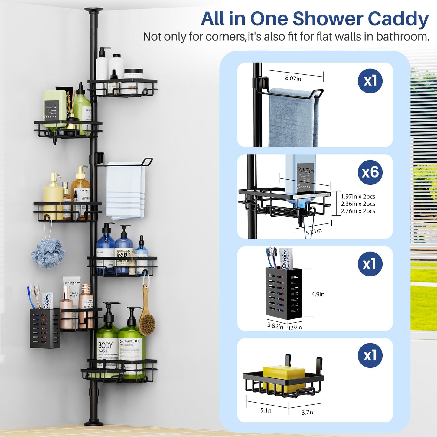 Corner Shower Caddy Organizer Tension Pole, Adjustable 6 Shower Shelves Corner Shelf 30-120Inch Rustproof Shower Rack for Inside Shower, Extra Towel Bar Soap Dish Bathroom Organizers and Storage Black