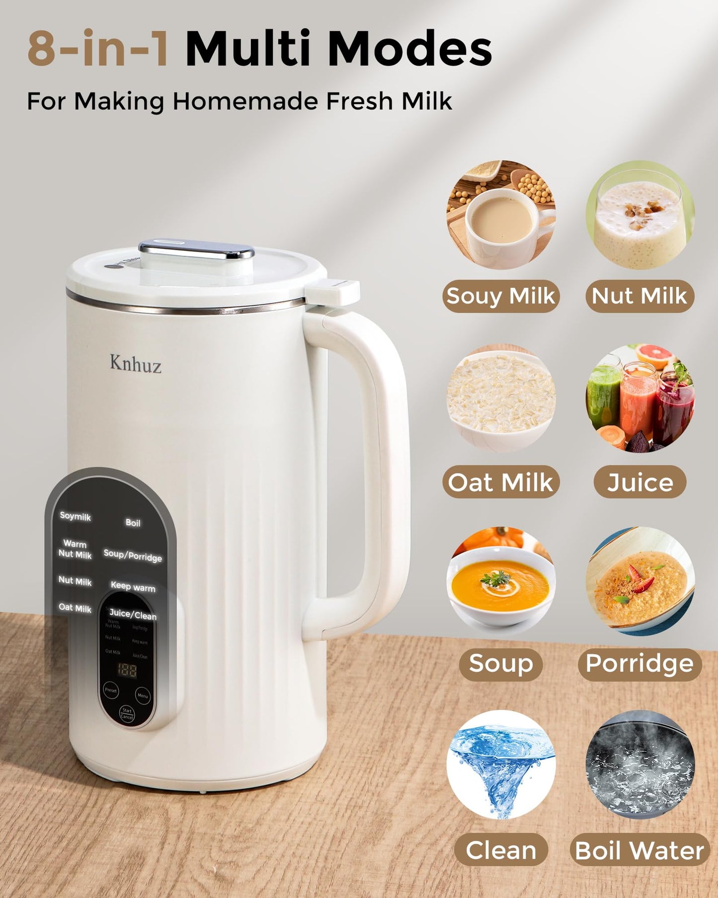 Kuhuz Nut Milk Maker,32oz Automatic Soy Milk Machine For Homemade Almond,Oat,Coconut Plant Based & Non-Dairy Beverages,12H Time Delay,Auto-Clean,Keep Warm,Cream White