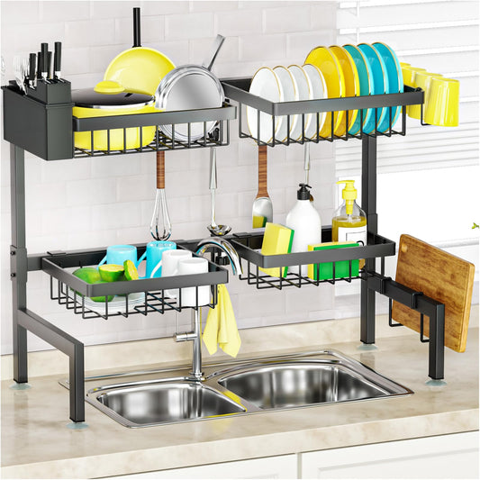 SNSLXH 4 Baskets 2-Tier Over The Sink Dish Drying Rack, 26.57"-35", Large Sink Rack for Kitchen, Extensible and Adjustable, Saving Kitchen Space