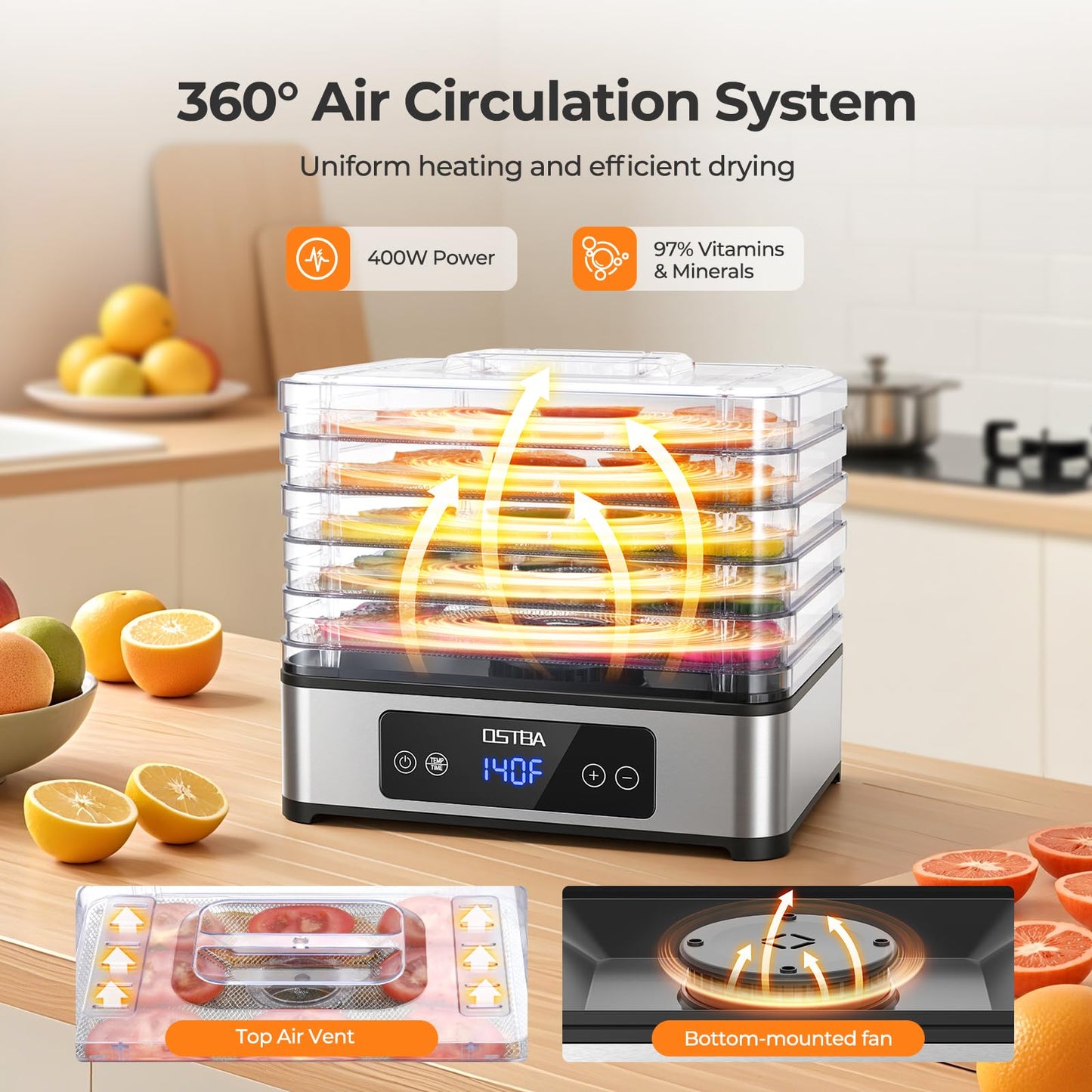OSTBA Food Dehydrator, 5 Stainless Steel Trays, 48H Timer & Temp Control up to 160°F, 400W Food Dryer, Recipe Book for Jerky, Fruit, Meat, Vegetables, Herbs, BPA-Free