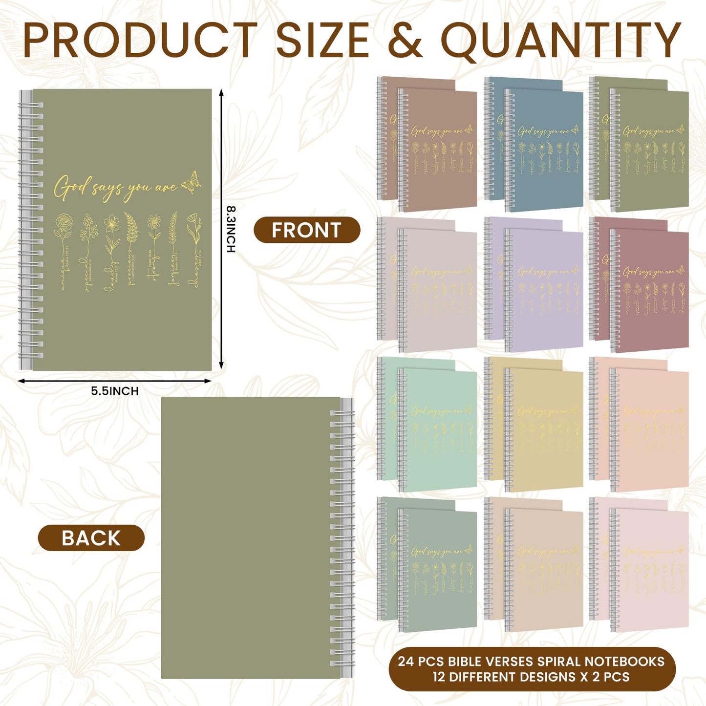 MotiMind 24 Pcs Floral Christian Spiral Notebook Set Christian Gifts for Women God Says You Are Bible Verse Inspirational Prayer Journal with Gold Foil Cover for Church 5.5" x 8.3" (Morandi)