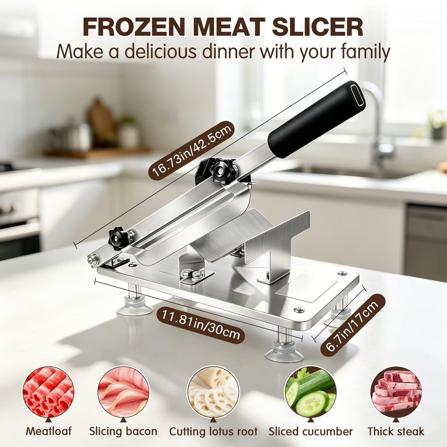 Manual Meat Slicer Frozen Meat Cutter Upgraded Stainless Steel Meat Cleavers Beef Mutton Roll Slicing Machine Vegetable Meat Slicer for Home Cooking Hotpot Shabu WG(Silver,17"x7")