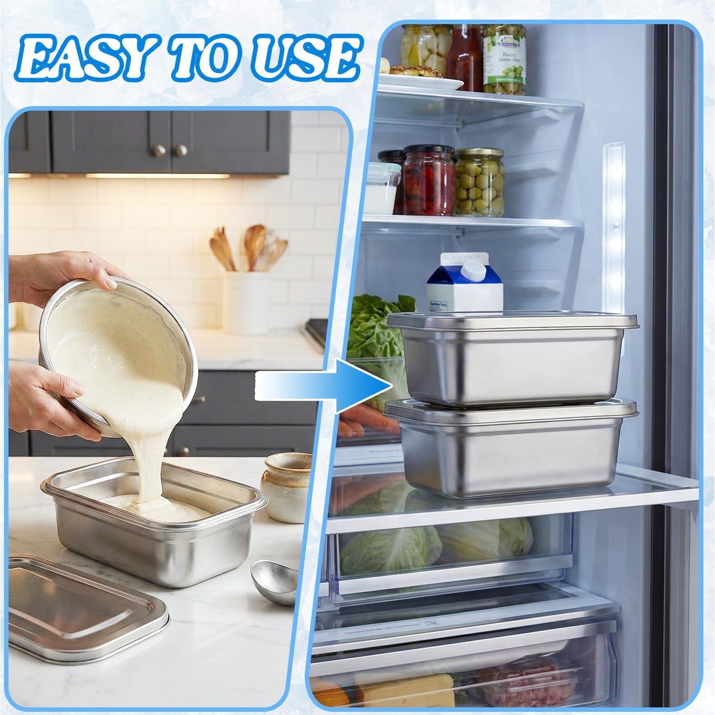 Singhoow 3 Pcs Reusable Stainless Steel Ice Cream Storage Containers with Lids 1.2 Quart Homemade Ice Cream Freezer Storage Ideal for Kitchen Use, Fruit, Freezer 7.6 x 4.9 x 2.8 Inch
