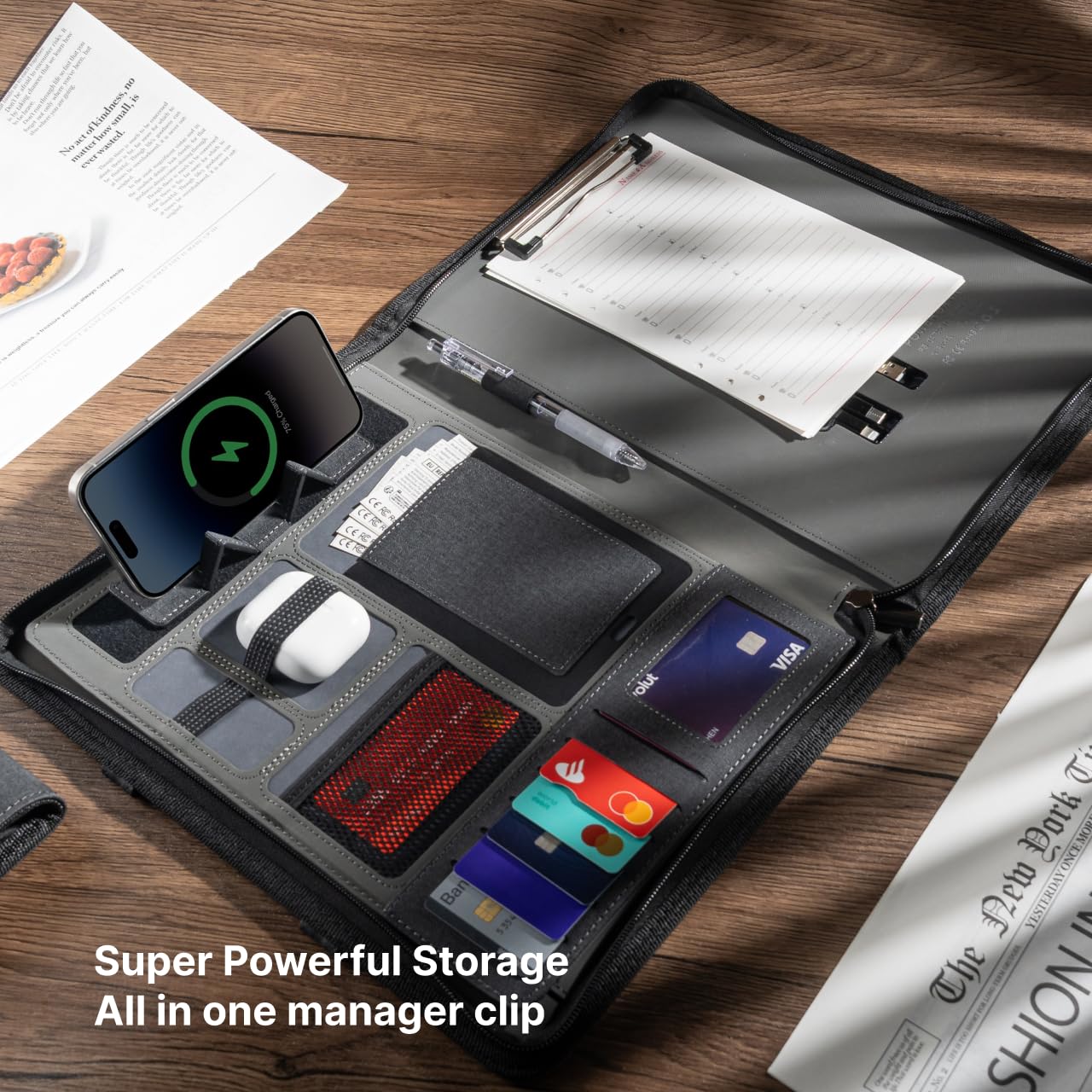 CARDSILK, Zipper Padfolio, Portfolio Binder Organizer with 8000mAh Power Bank, Portfolio for Resume, Documents, Phone, Tablet, Business Supplies, Notebook Organizer with Wireless Charging