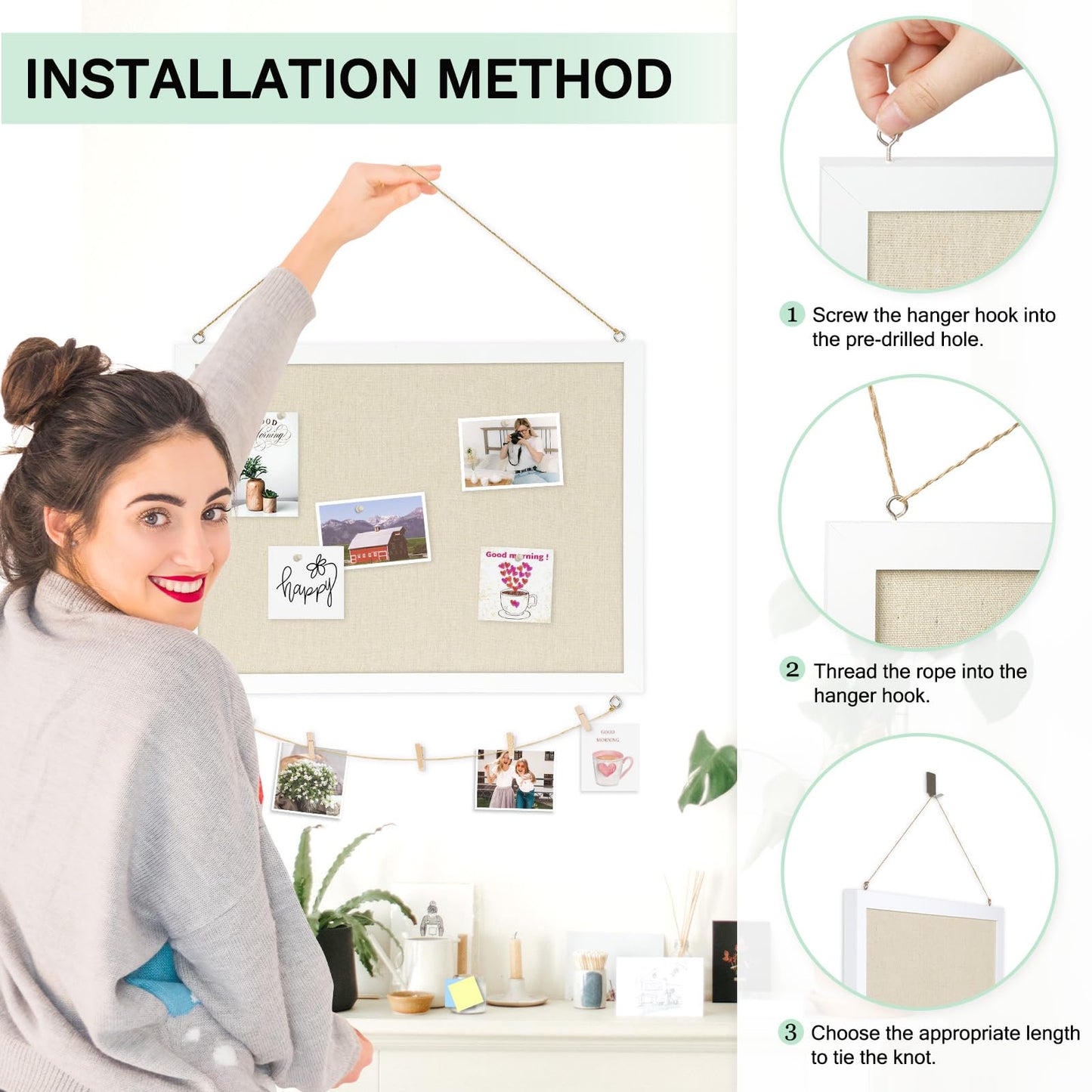 DOLLAR BOSS Cork Board Bulletin Board with Linen Double-Sided 24" x 18" Linen Corkboards for Walls Picture Display Vision Board for Office Home School Framed Picture Pin Board, 20 Pushpins 10 Clips