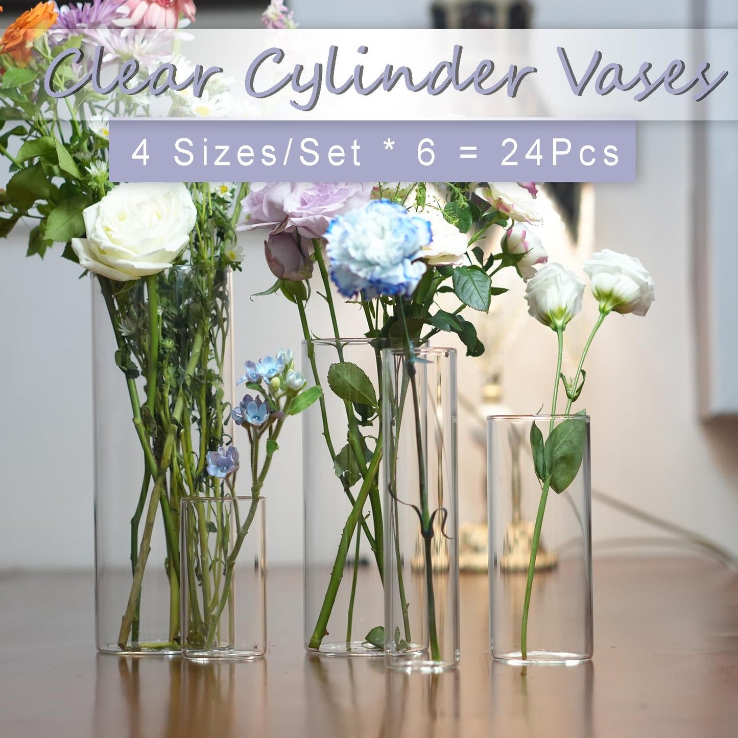 Wehomai 24pcs Glass Cylinder Vases for Centerpieces,Clear Flower Vases for Wedding Decorations and Indoor Home Decor, Hurricane Candle Holder for Table Shelf, Party