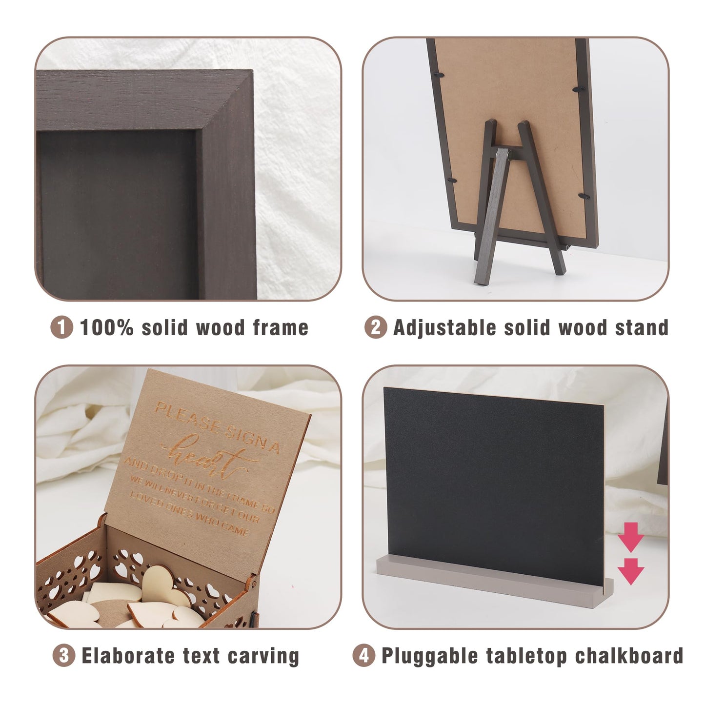 SELEAD Solid Wood Wedding Guest Book Alternative - Rustic Drop Top Picture Frame Sign with Chalkboard, 100pcs Wooden Hearts, Storage Box - Wedding Reception for Party Anniversary Birthday