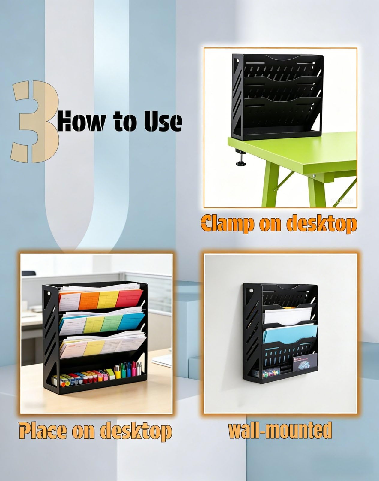 Yuxh 13 Inch Mail Organizer 4 Tier Bill Holder Metal Paper Tray Organizer with Bottom Tray for Clamp on Desktop or Wall Mounting