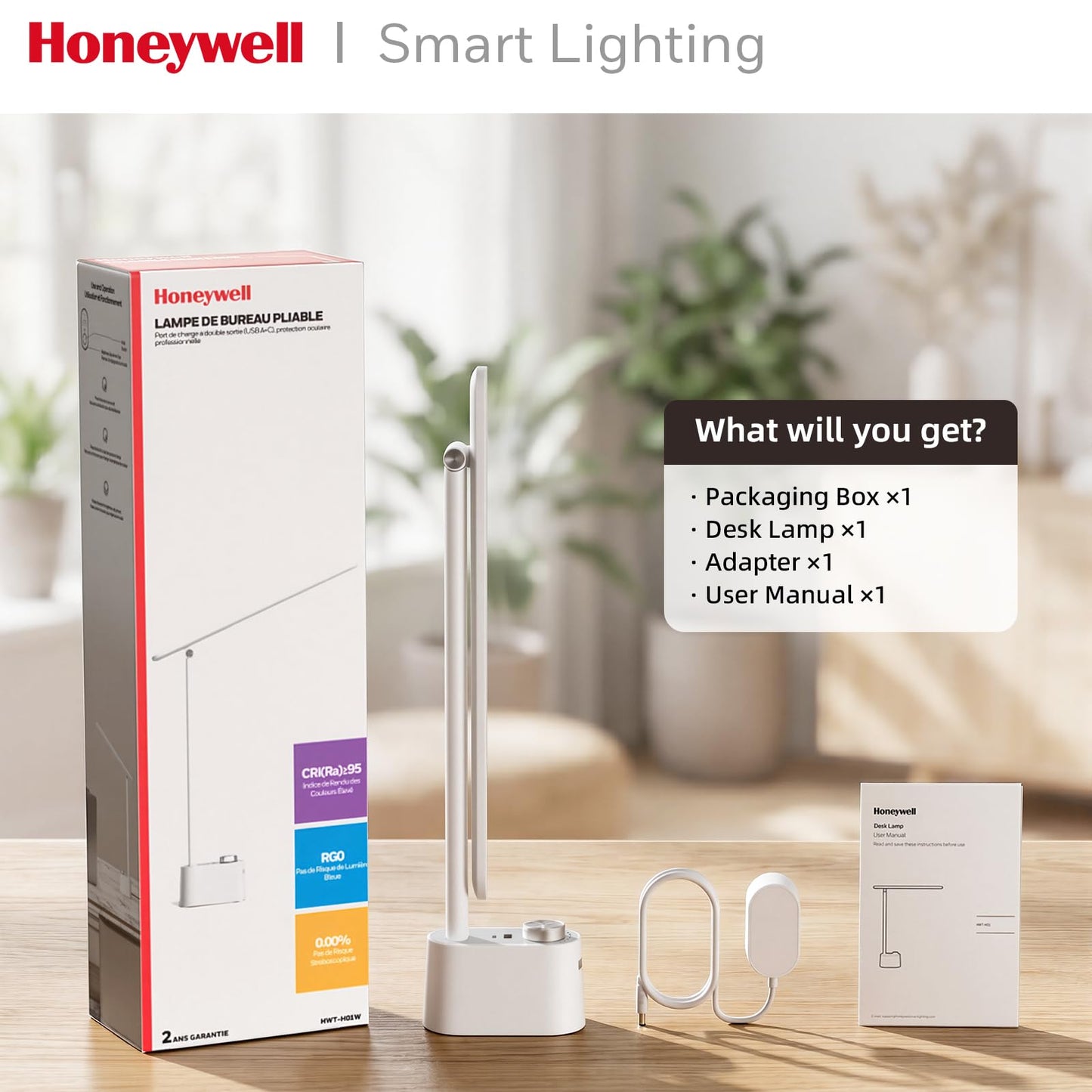 Honeywell LED Desk Lamp - Sunturalux Desk Lamps for Home Office with USB A+C Charging Ports, 3 Color Modes Stepless Dimmable Eye-Caring Foldable Desk Light for Bedroom Table Reading Study(White)
