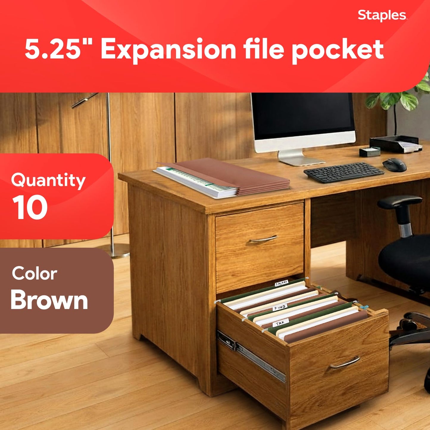 Staples Reinforced File Pockets, Letter Size, Expands Up to 5.25", Heavy‑Duty Brown Accordion Folders with Strong Gussets – 10/Pack
