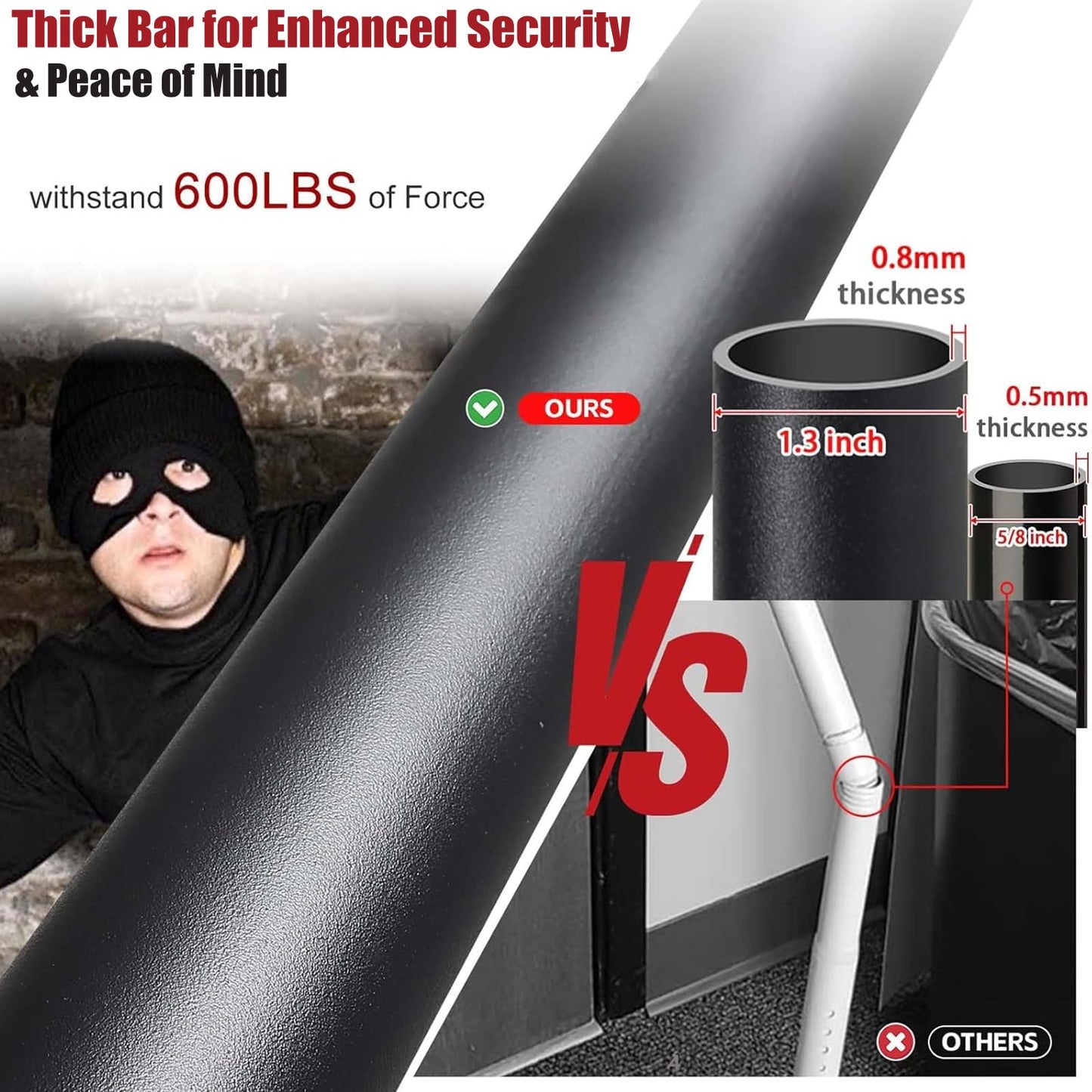 2 Pack Door Security Bar – Anti-Slip 600LB Heavy Duty Door Stopper Jammer Stick, Adjustable 24.5-50.7'',Portable Travel Safety Lock Blocker for Home, Apartment, Hotel, Front & Sliding Doors