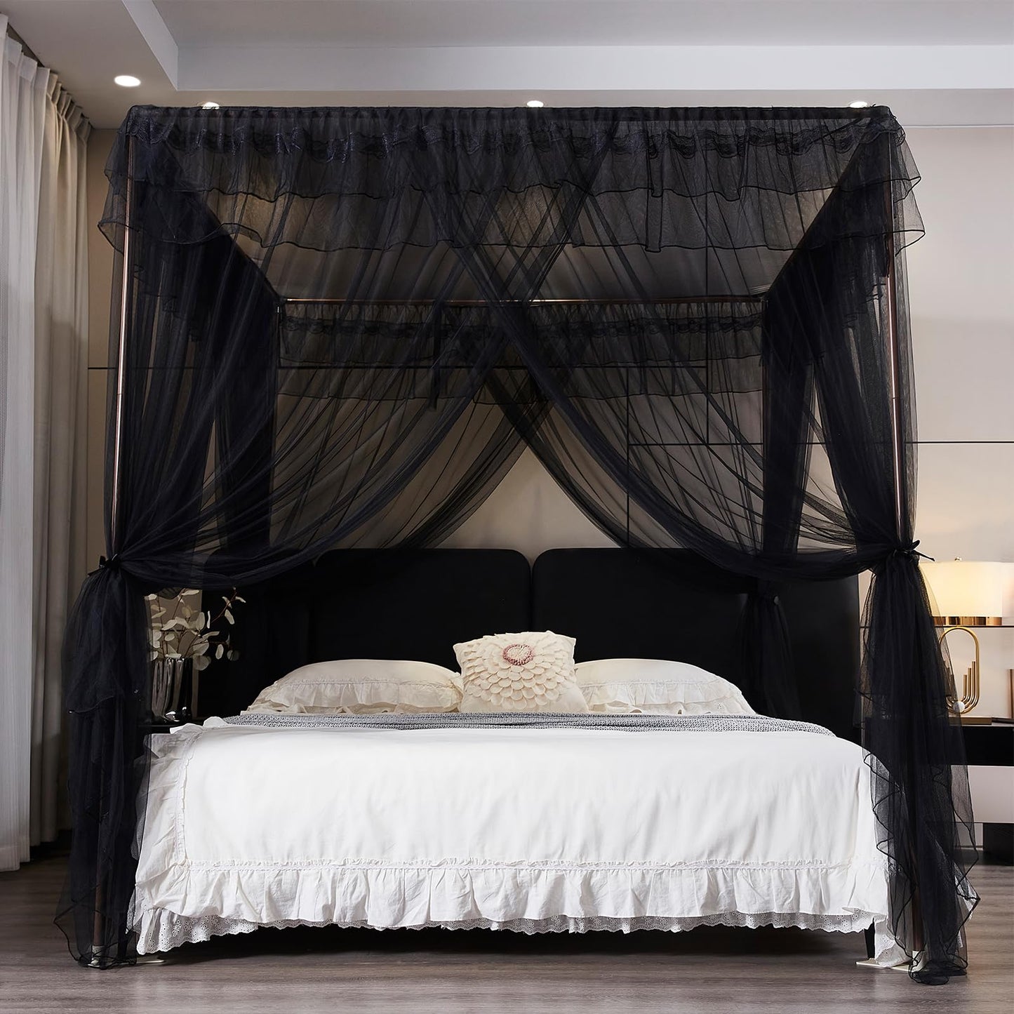 Kertnic Black Canopy Bed Curtains for Girls & Adults, Queen King Bed Canopy Drapes Netting, Practical Mosquito Net for Bed (Queen-64 W*78" L*82"*H)