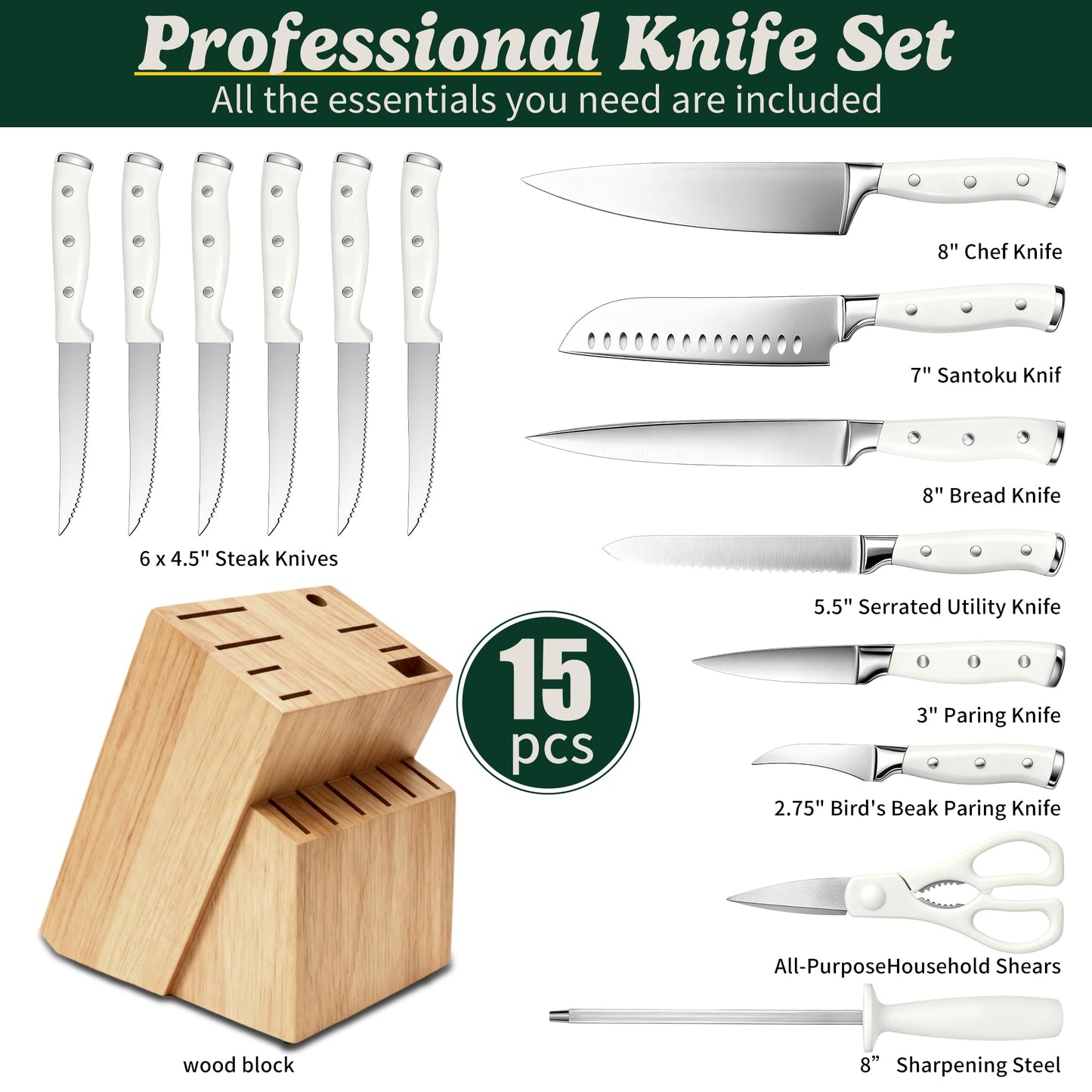 Knife Set, 15 Piece Premium Chef High Carbon Stainless Steel Kitchen Knife Block Set, Razor-sharp, Ergonomic Forged Triple Rivet Handle, Professional Knife Set for Kitchen, Dishwasher Safe(White)