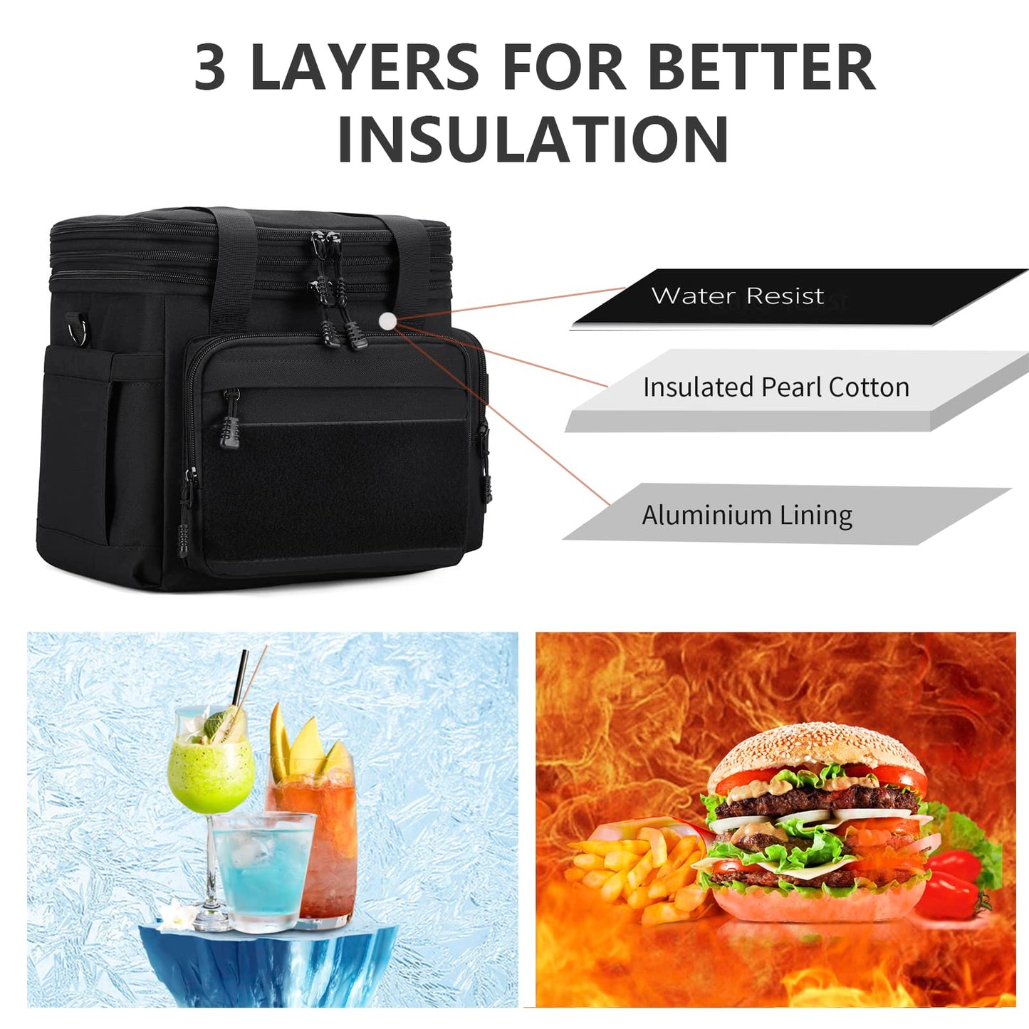 Gafetrey Large Tactical Lunch Box for Men, Insulated Lunch Bag Adult, Thermal Lunchbox Leakproof Waterproof Cooler Bag, Dual Compartment Lunch tote, Large Lunch Pail for Office Camping (Black) 24L