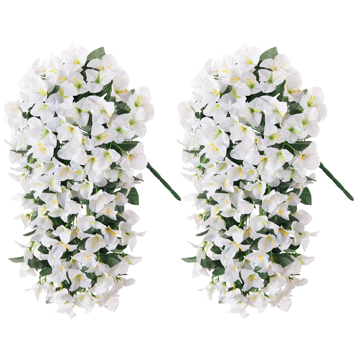 INXUGAO 2 pcs Artificial Faux Bougainvillea Flowers Plants for Outdoor Outside Summer Decoration, Fake Silk UV Resistant Long Trailing Vines for Front Door Porch Planter Balcony (White)