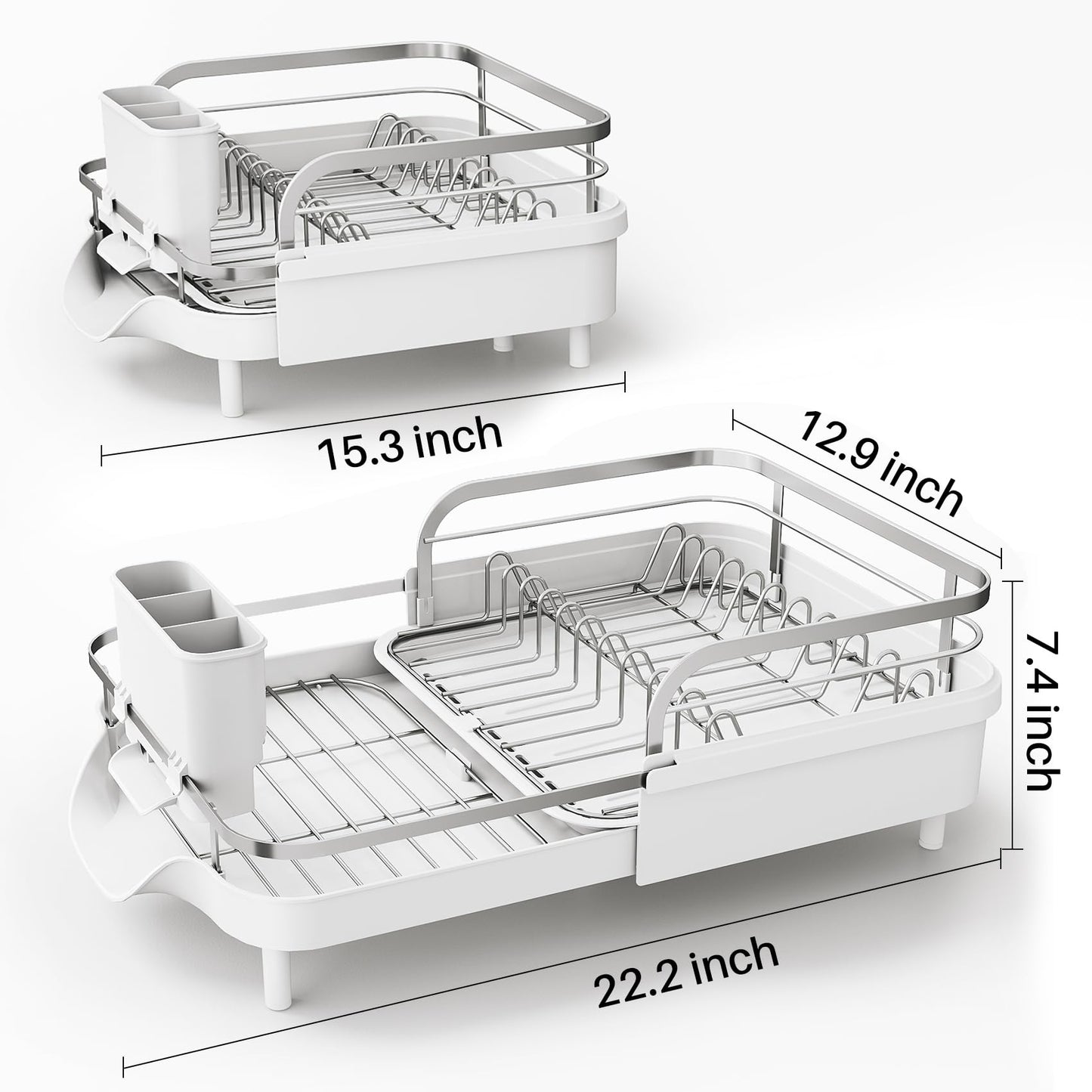 SAYZH Dish Drying Rack - Expandable Dish Rack for Kitchen Counter, Rust-Resistant Dish Drainer with Utensil Holder and Raised Guardrail, Kitchen Organizer for Cup and Bottle (White)
