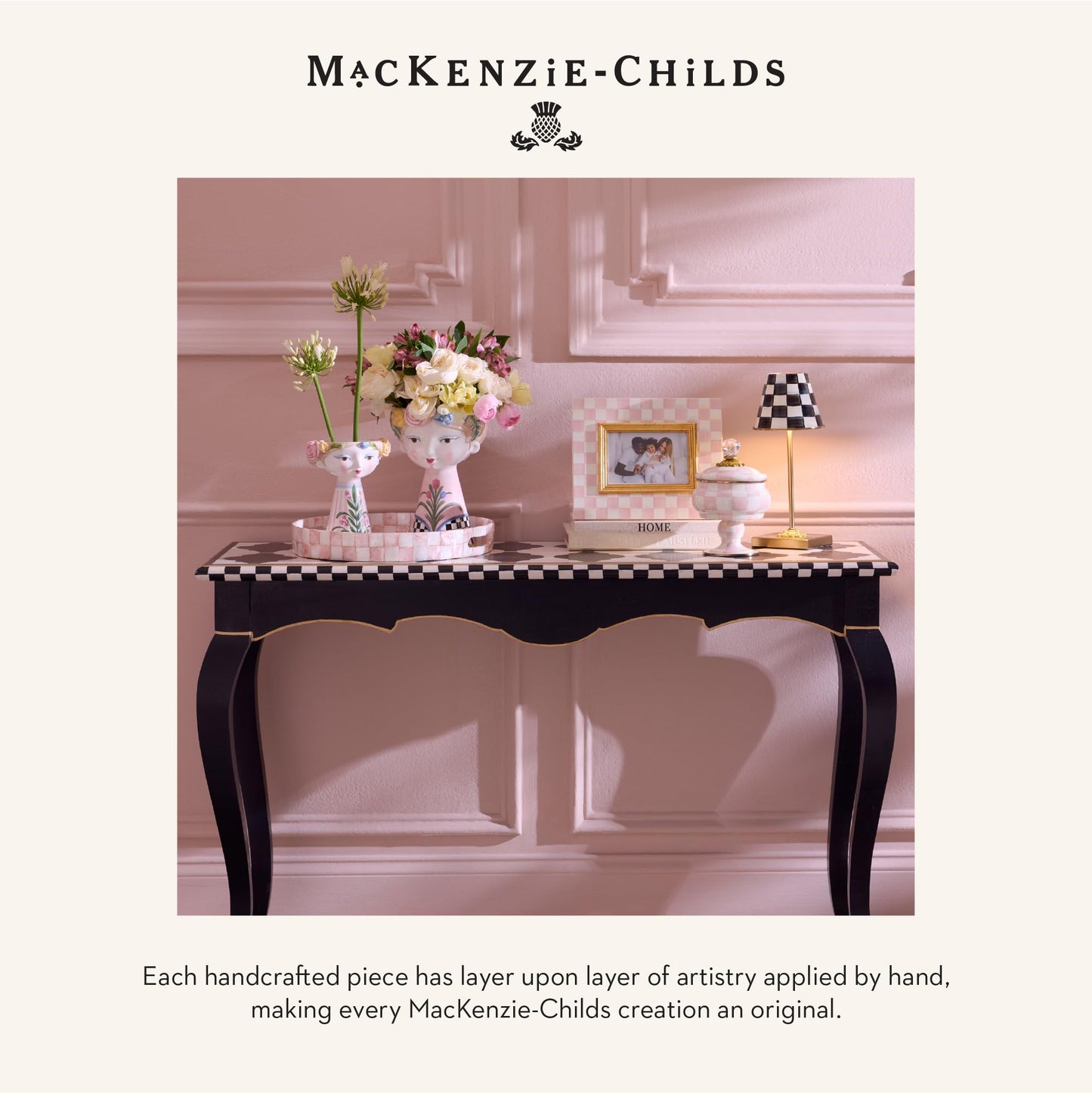 MACKENZIE-CHILDS Capiz Vanity Tray, Rectangular Tray Decor, Pink-and-White Rosy Check