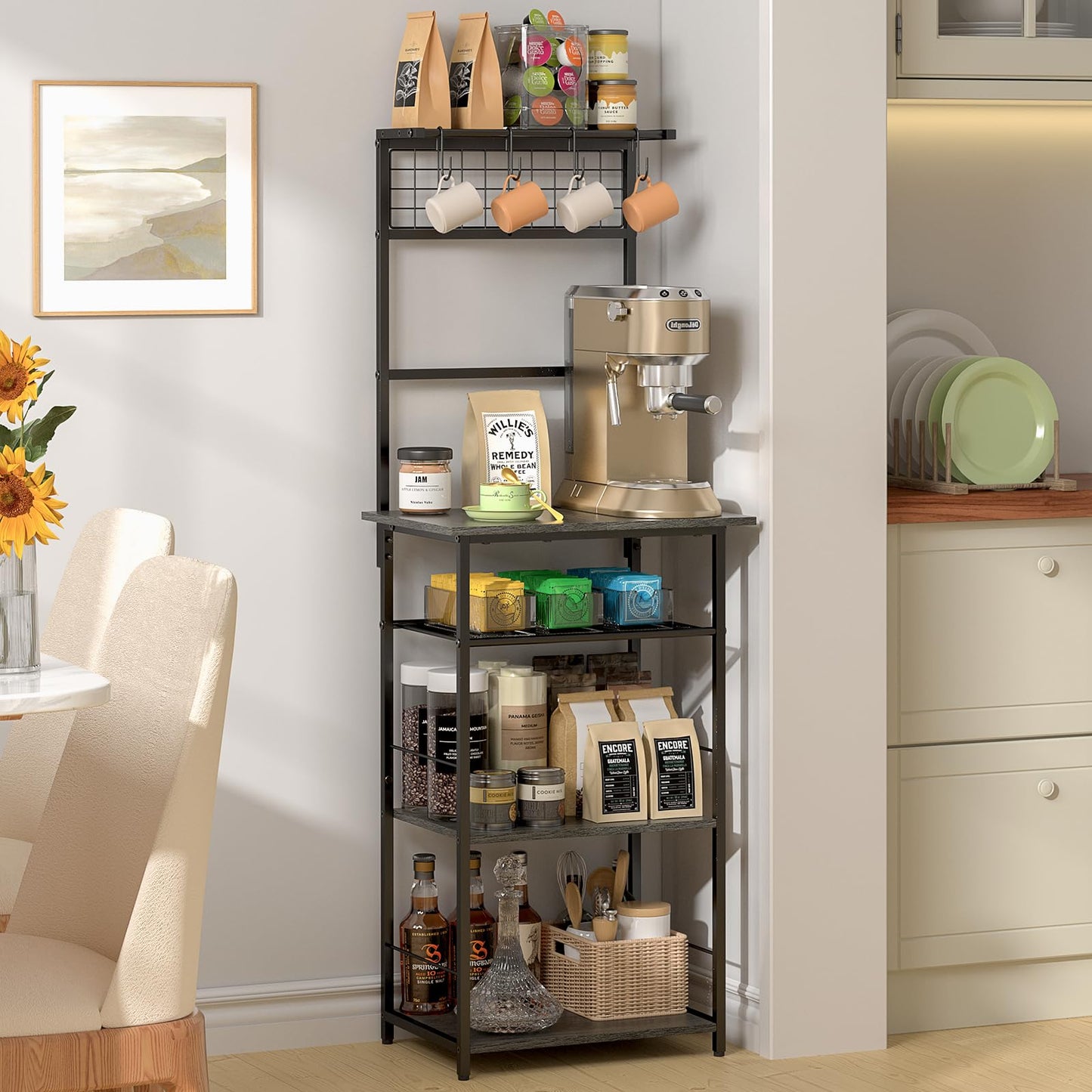 5 Tier Coffee Bar Station, Kitchen Stand with 4 S-Shaped Hooks, Farmhouse Corner Coffee Bar for Small Spaces, Bakers Rack for Kitchen, Entryway, Living Room, 13.43"D x 18.93"W x 53.31"H,Gray