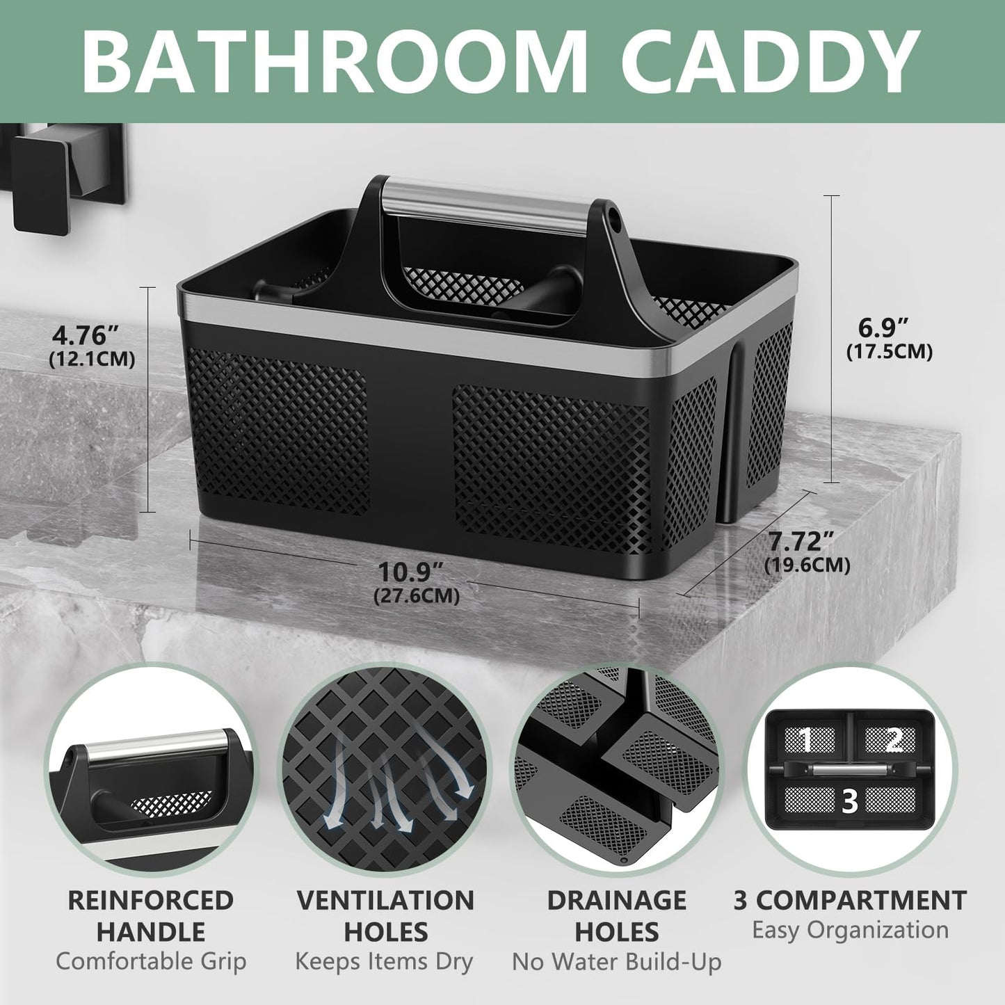 BYUNER Black Shower Caddy Portable: Plastic Bathroom Caddy Organizer with Handle and Holes, Cleaning Caddy, Hard Shower Basket Storage Tote for Toiletry, College Dorm Room Essentials for Men