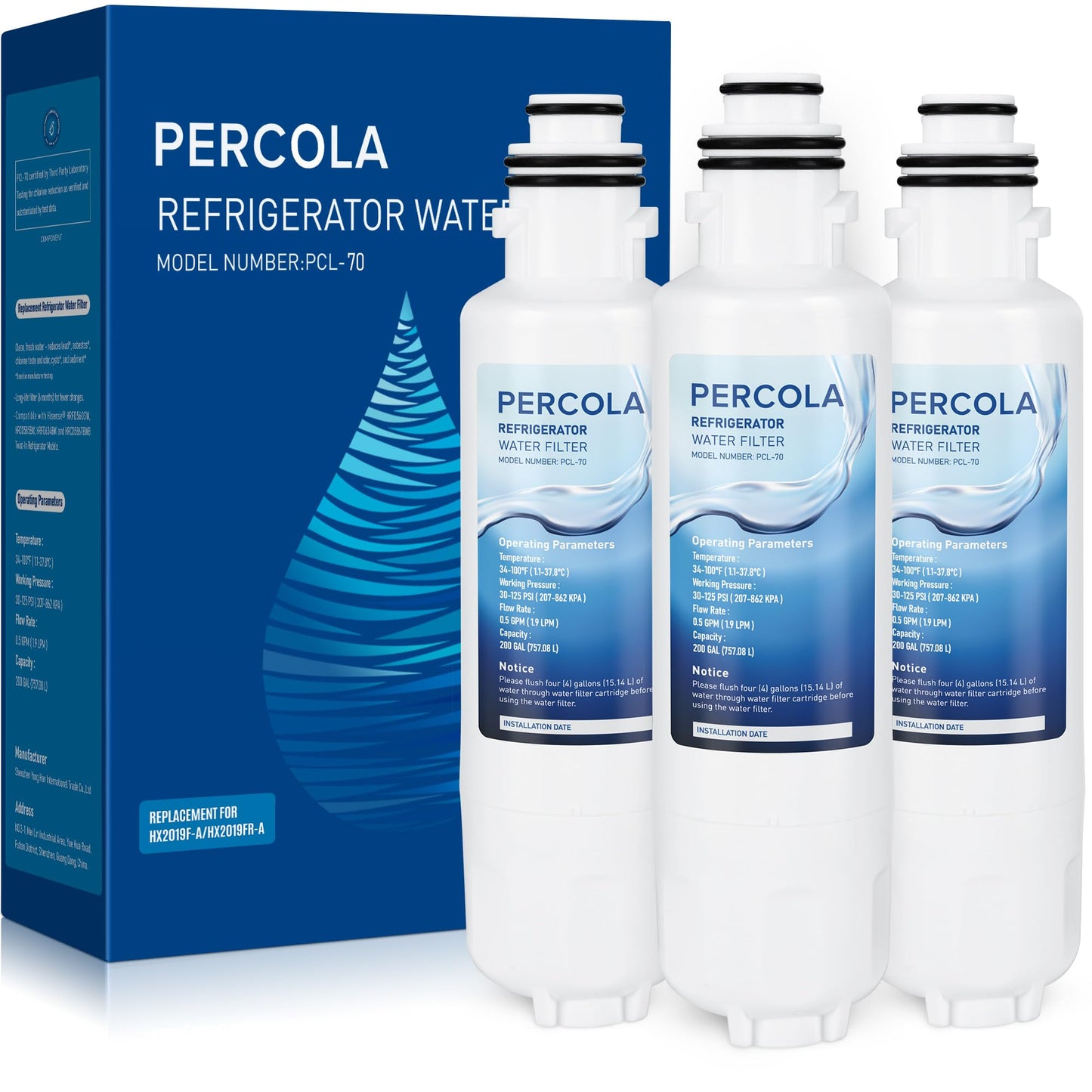 PERCOLA HX2019FR-A Water Filter Replacement, Compatible with Hisense HX2019FR-A, HX2019F-A, HRM260N6TSE, HRFD560SW, HRCD585BW, HRFD634BW, HRCD650BW, HRCD586TBWB and Mora MRM260N6TSE (3 Pack)