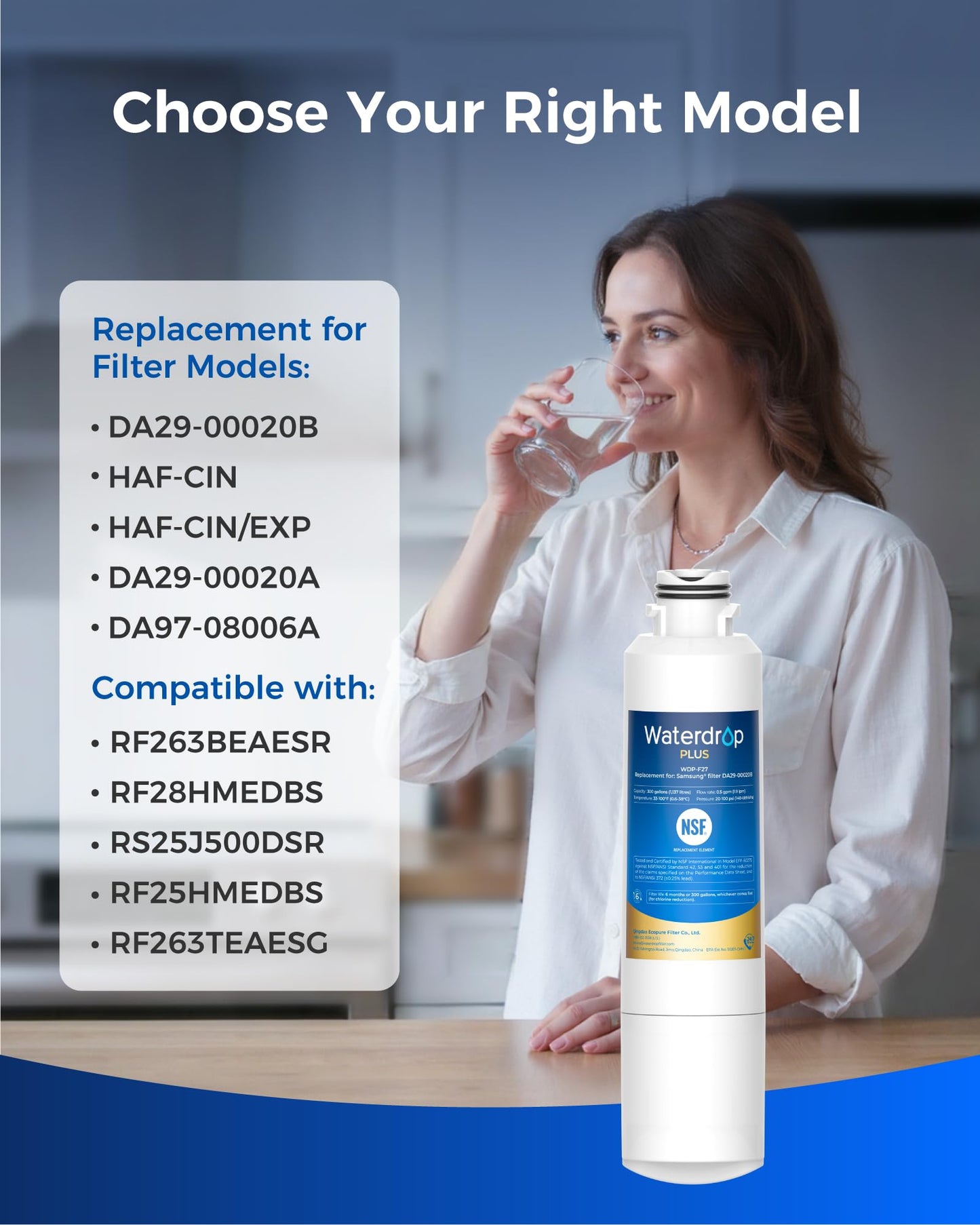 Waterdrop Plus WDP-F27 NSF 401&53&42 Certified Refrigerator Water Filter, Replacement for Samsung® HAF-CIN/EXP, DA29-00020B, FMS-2, RF28HMEDBSR, RF263BEAESR, 3 Filters (Packaging May Vary)