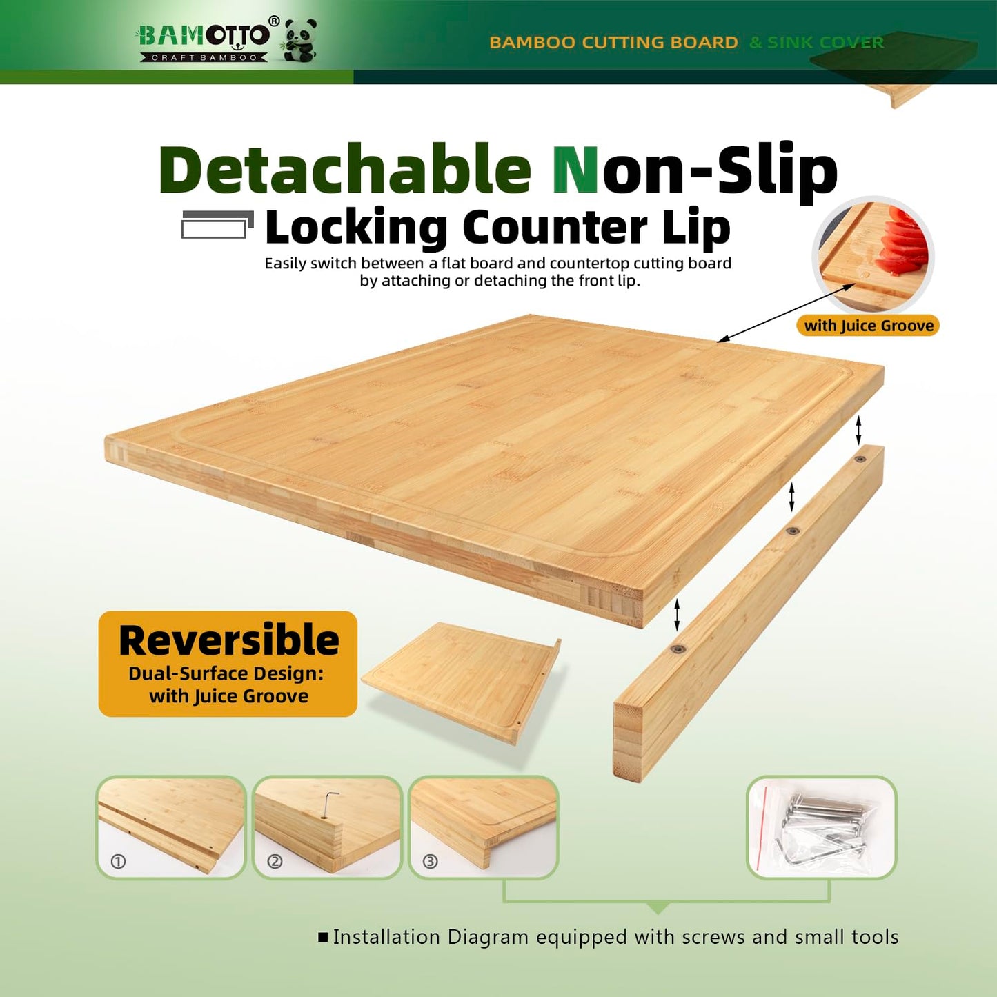 BAMOTTO CRAFTBAMBOO 15.8x22 Inch Large Bamboo Cutting Board, Reversible with Juice Grooves & Detachable Lip, Stovetop Cover and Sink Cover Board for Kitchen Counter