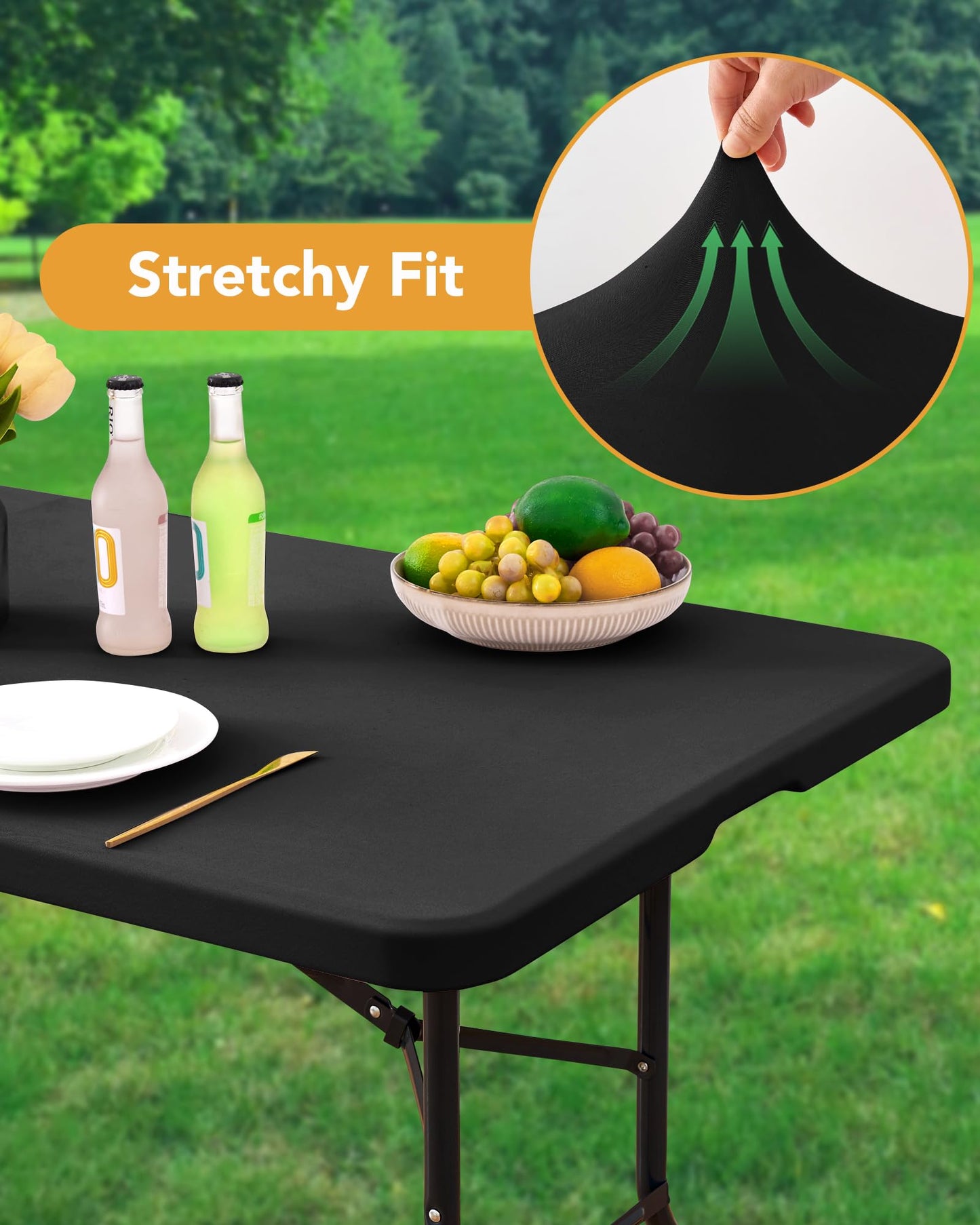 KeyWave Fitted Tablecloth Rectangle Table Cloths - 6 Pack 6 Foot Elastic Stretch Folding Table Top Cover Water-Resistant Reusable for Outdoor Picnic Camping Party Event, Black, 72" L x 30" W