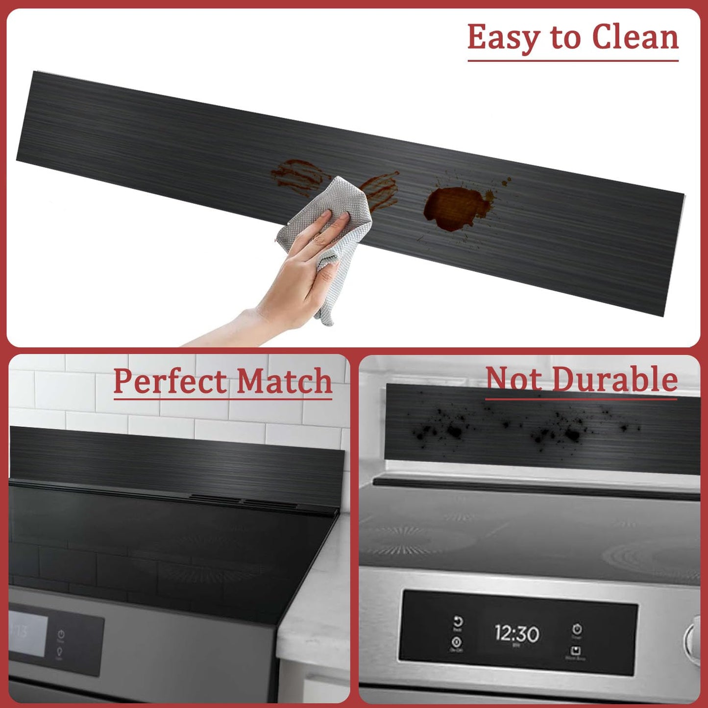 Stainless Steel Backsplash for Stove, Front Control Freestanding Range Universal Backguard, Stainless Steel Backsplash for Kitchen Stove Decor, 29.75" L×5" W Fit for Most (Black_1 Pc)