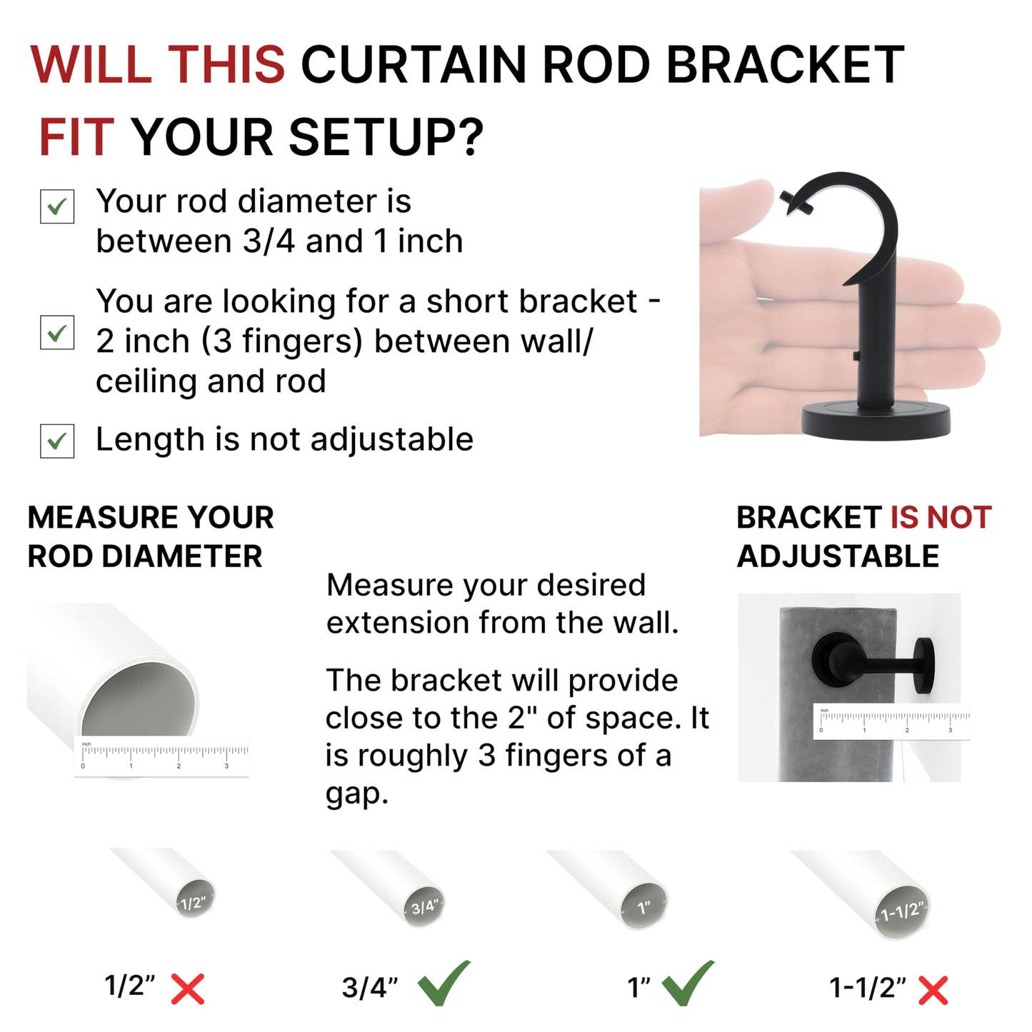 Heavy Duty Curtain Rod Brackets for Wall & Ceiling Installation, 2 Pack Ceiling Mount Curtain Holders, Hardware Bracket Set for 1 Inch Rods, Black Finish