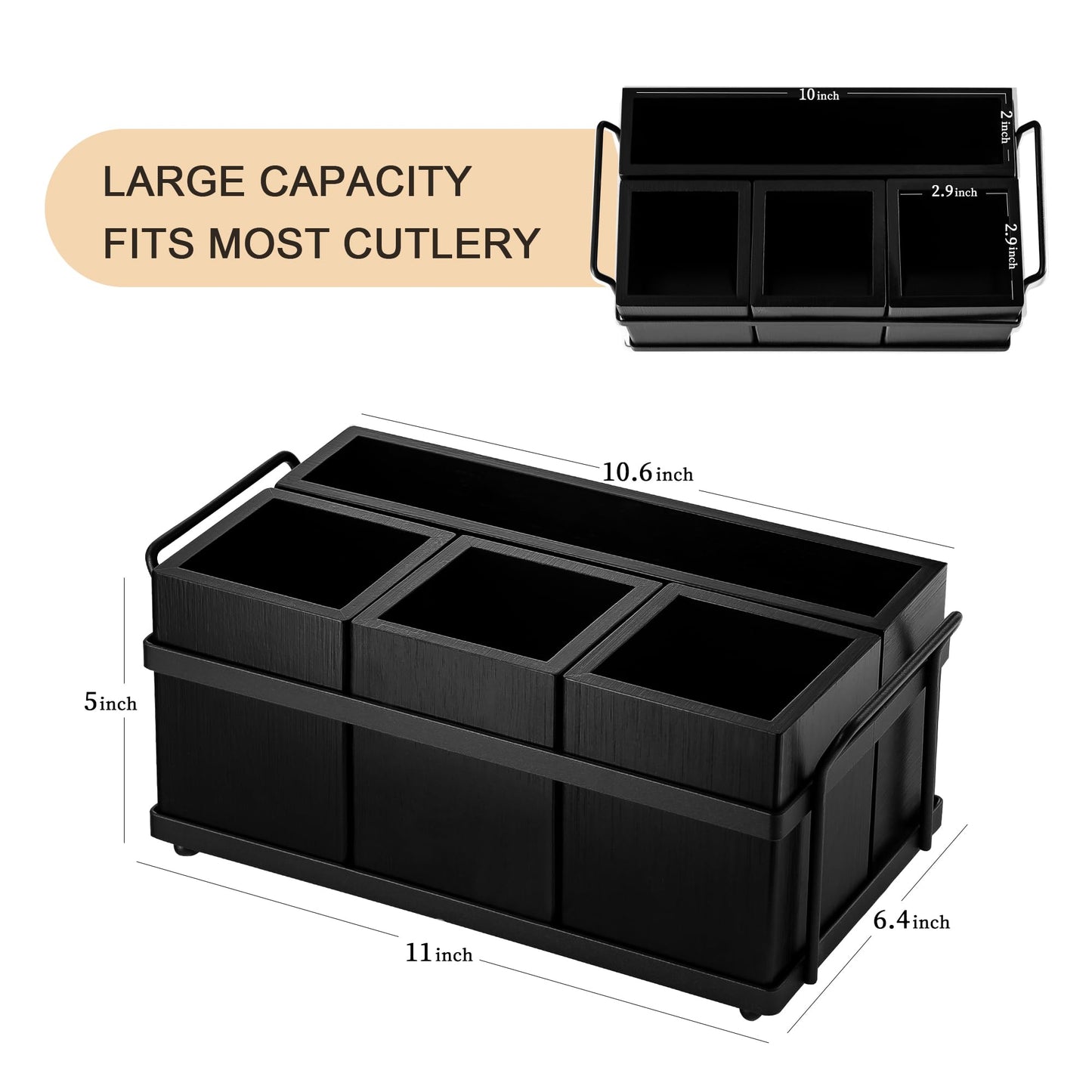 PTSTING Silverware Caddy Black Wood Silverware Holder Paper Plate Dispenser Utensil Caddy Cutlery Flatware Organizer Box for Spoons Forks Plates Napkins