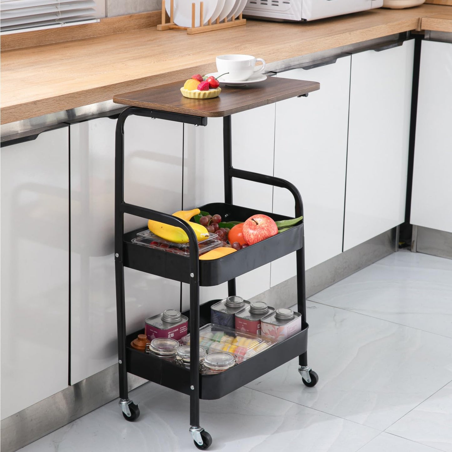 Beramon 3-Tier Metal Rolling Utility Cart with Wooden Tabletop, Mobile Storage Organizer with Lockable Wheels for Kitchen, Bathroom & Home