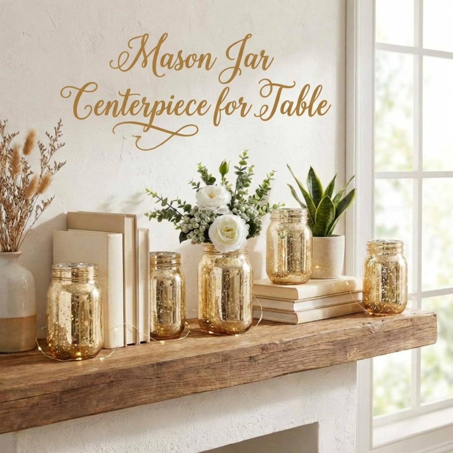 Tioncy 12 Pcs Painted Mason Jars for Table Glass Decorative Jars with 12 Light Strings for DIY, Wedding, Graduation, Bridal Shower, Housewarming, Home Decoration (Gold)