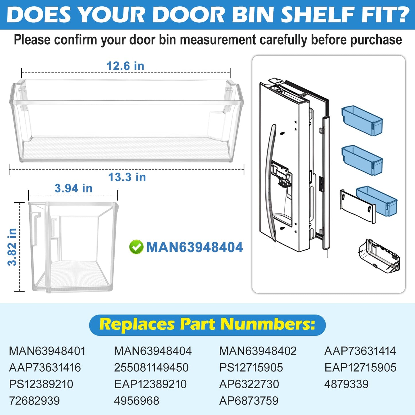UPGRADED MAN63948404 Refrigerator Door Shelf Bin Compatible with LG Refrigerator Door Shelf Replacement,For Kenmore Fridge Shelf MAN63948401 LFXS26973S LMXS28626S LFXC22526S Door Bin Baskets