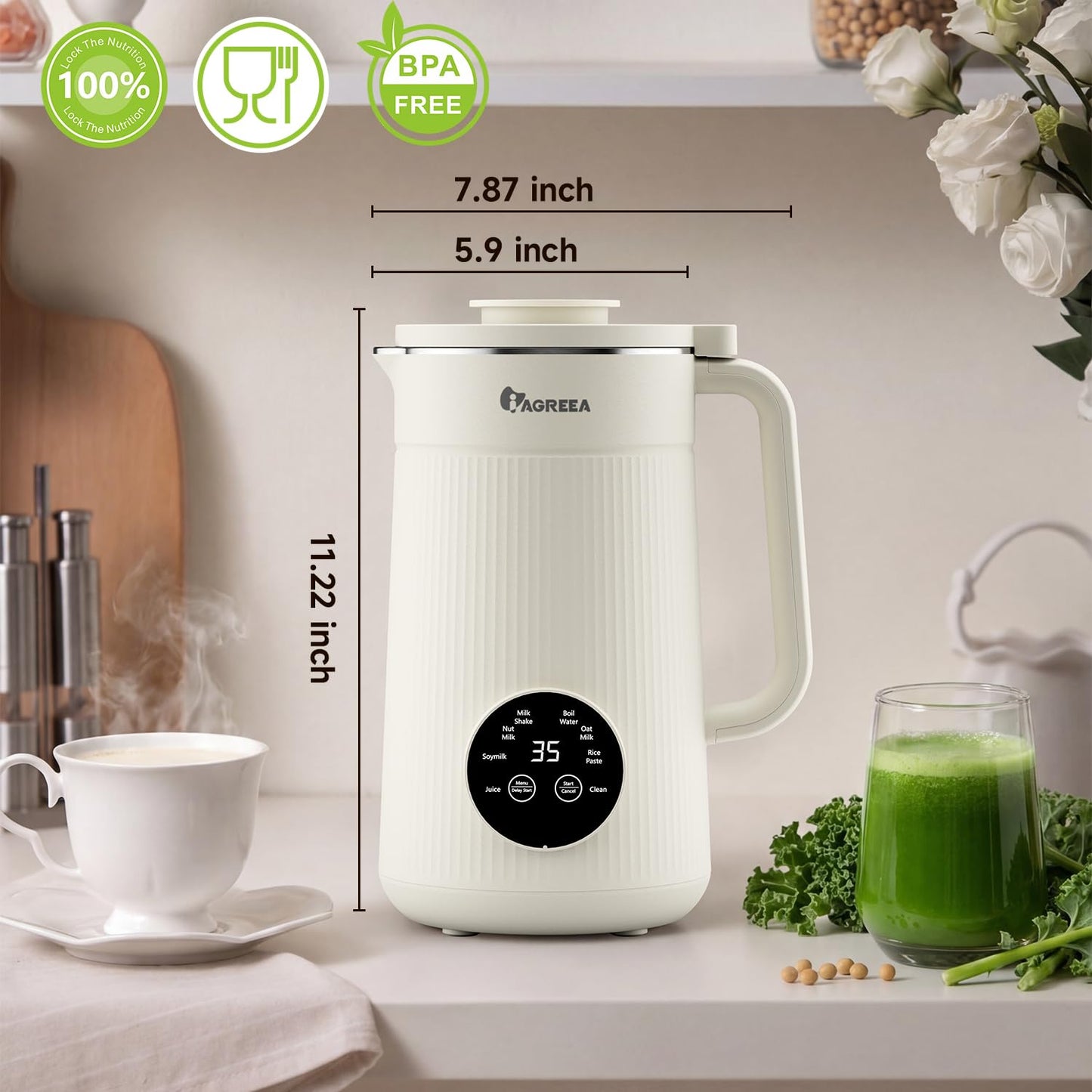 8-IN-1 IAGREEA Nut Milk Maker Machine, 35 oz Soy Milk Maker, Oat, Soy, Plant Based and Dairy Free Beverages, Juice, 2H Keep Warm Countertop Blender, 10 Blades, 12H Delay Start, BPA-Free, Self-Cleaning