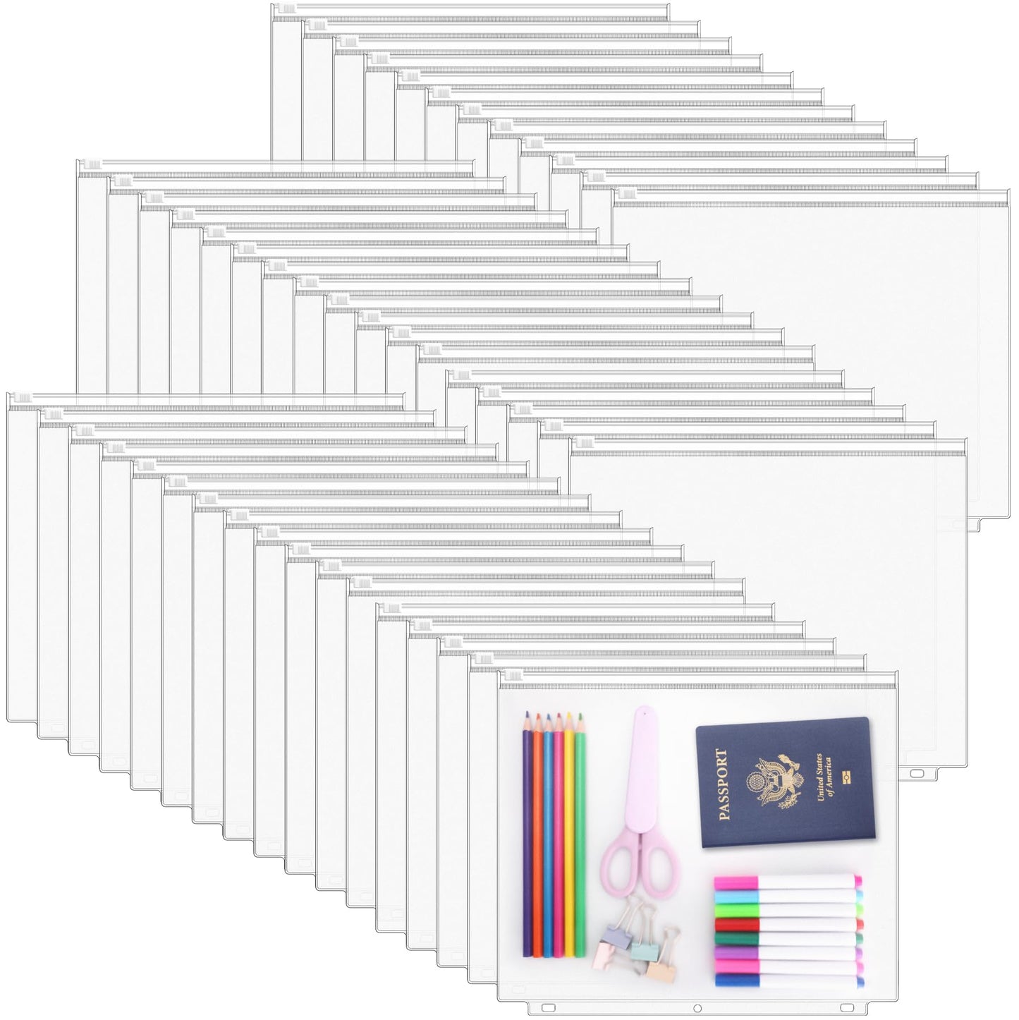 Antner 48 Pack Letter Size Binder Pockets for 3-Ring Binder Zipper Pouch Waterproof PVC Document Organizer 3-Hole Loose Leaf Folders File Sleeves Storage Bags Side Loading for Business Office Supplies