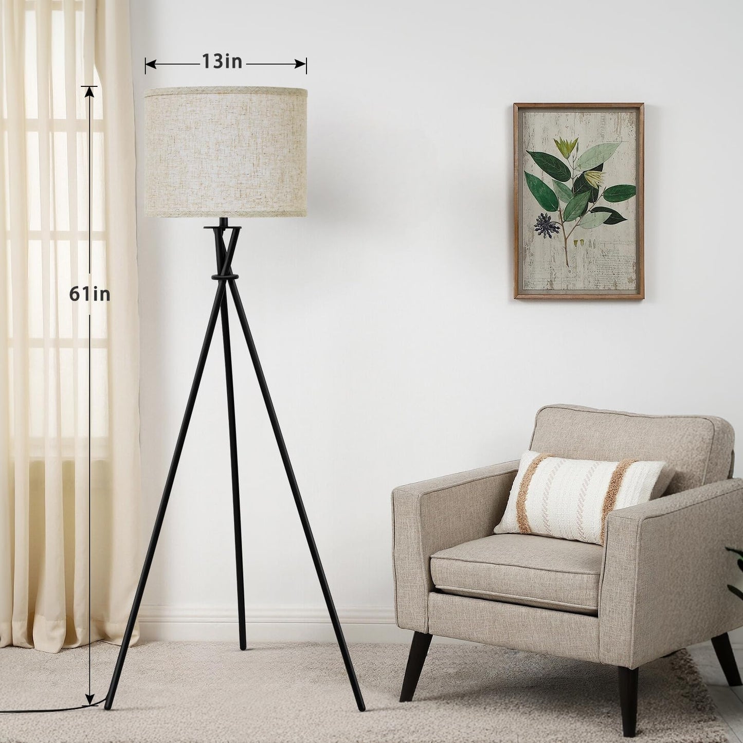 Tripod Floor Lamp Black, 61” Tall Floor Lamps, Standing Lamp with Rotary Switch, Modern Floor Lamp Simple Design with Beige Shade, Floor Lamps for Living Room, Bedroom, Office, Without Bulb