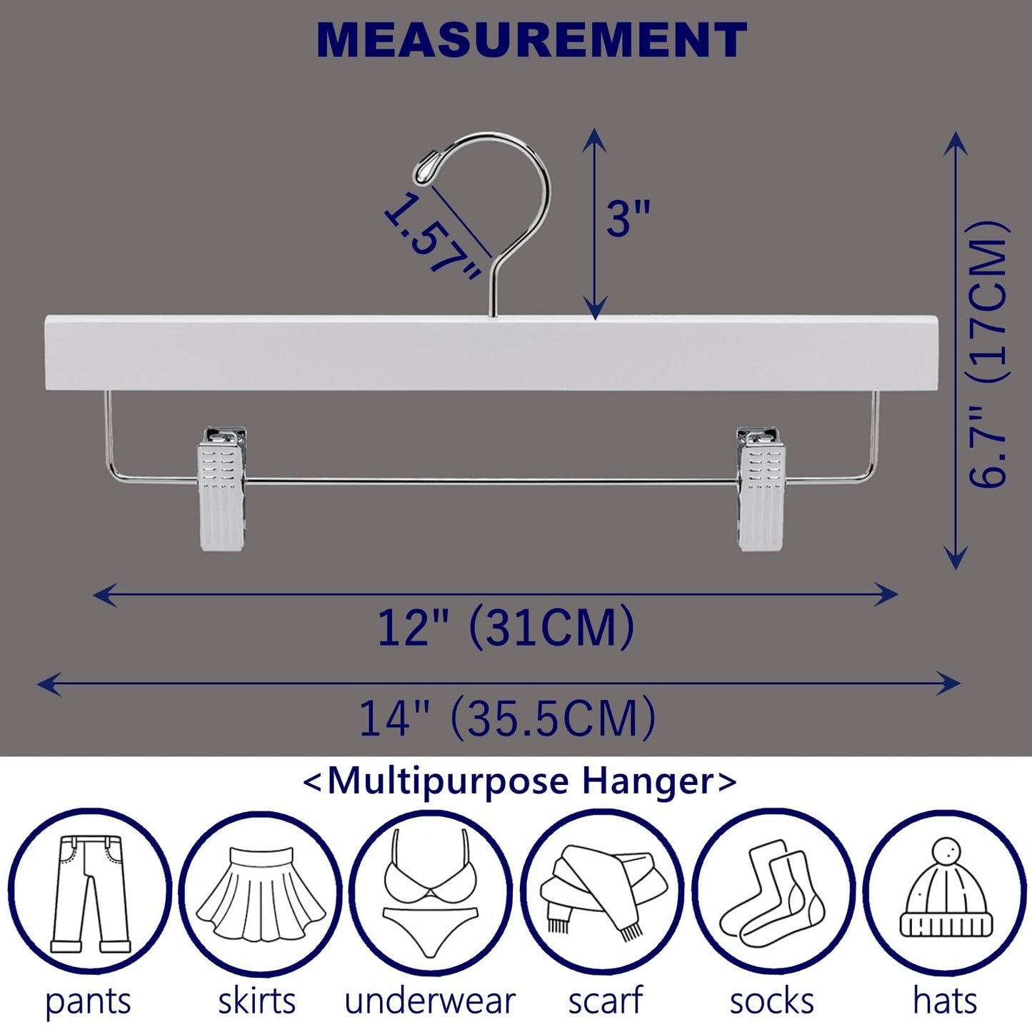 Amber Home 24 Pack White Wooden Pants Hangers with Clips, 14" Wood Skirt & Trousers Hangers, Closet Hangers for Jeans, Slacks, Shorts, with 2-Adjustable Clips (White, 24)