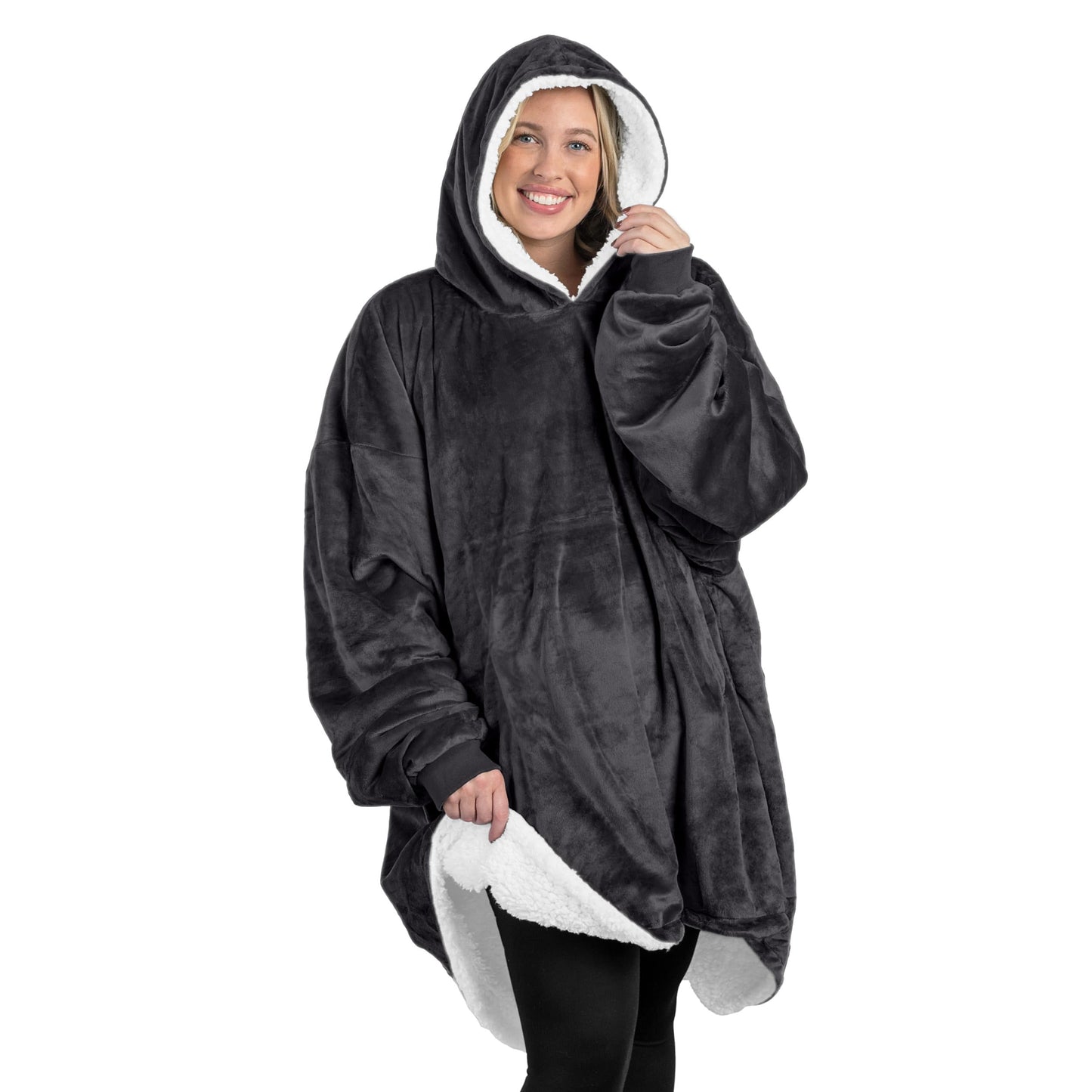 Bare Home Sherpa Fleece Wearable Blanket - Oversized Wearable Blanket Hoodie - Adult Size - Warm & Cozy - Soft Hoodie - Comfortable Sweatshirt with Two Zipper Pockets (Adult, Forged Iron Grey)