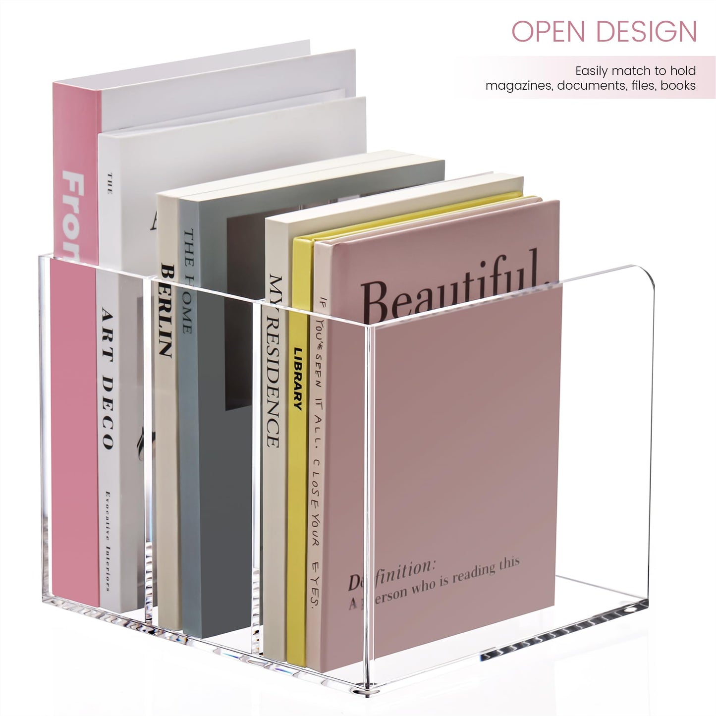 HeZone Acrylic Magazine Holder,Clear Desk Organizer with 3 Vertical Compartments,Magazine File Holder Sorter Rack Workspace Organizers for Home Office & Classroom(B5)