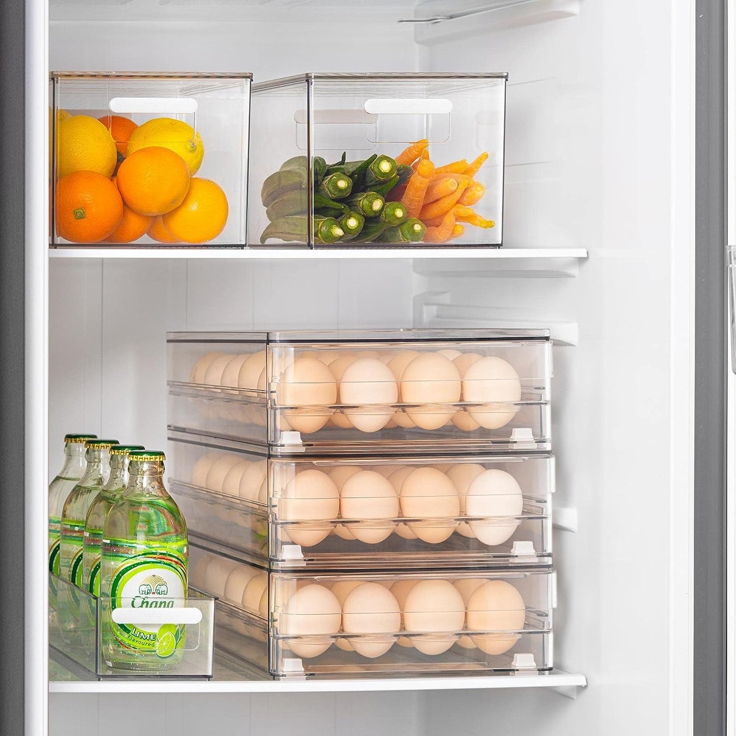 vacane Egg Holder for Refrigerator, 48 Capacity Clear Egg Storage Drawer with Non-Slip Pads, Stackable BPA-Free Egg Organizer Tray for Fridge