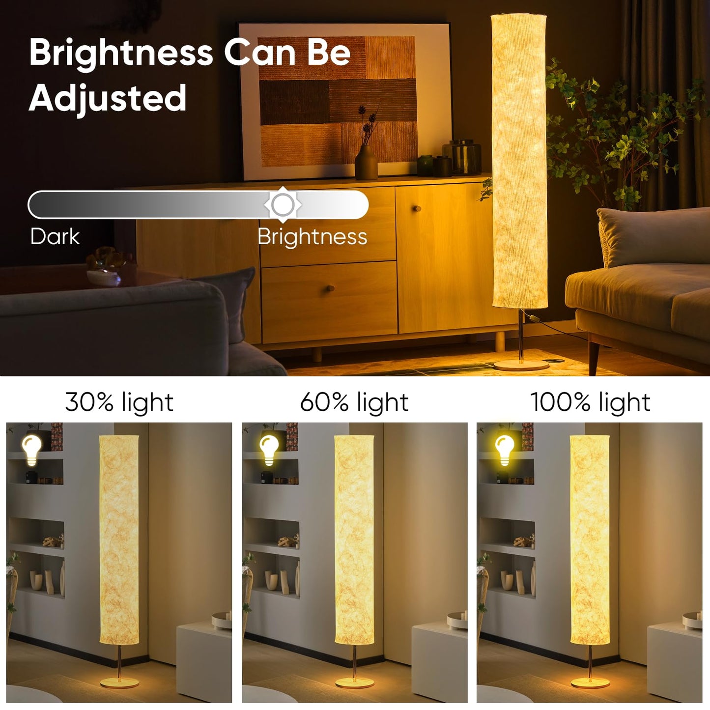 LONRISWAY 58" Soft Light Floor Lamp 3 Color Lighting Remote Control LED lamp with Tyvek Fabric Shade Column Paper Floor lamp,Brightness Adjustable for Living Room Bedroom Game Room