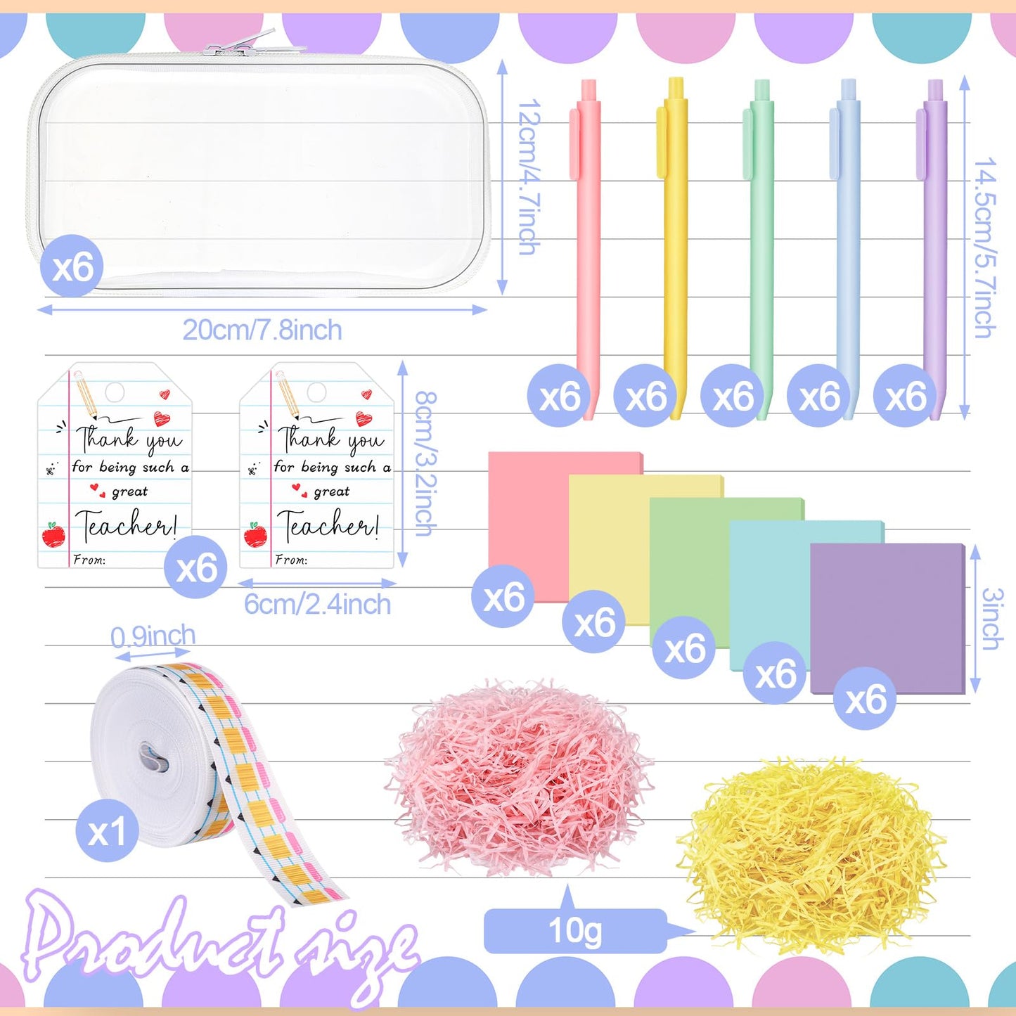Motiskyy 6 Sets/75 Pcs End of Year Teacher Gifts Bulk Set Clear Hard Case Zipper Pouch Pastel Ballpoint Pens & Sticky Notes Pink and Yellow Raffia Adorable Printed Pencil Ribbons with Thank You Cards