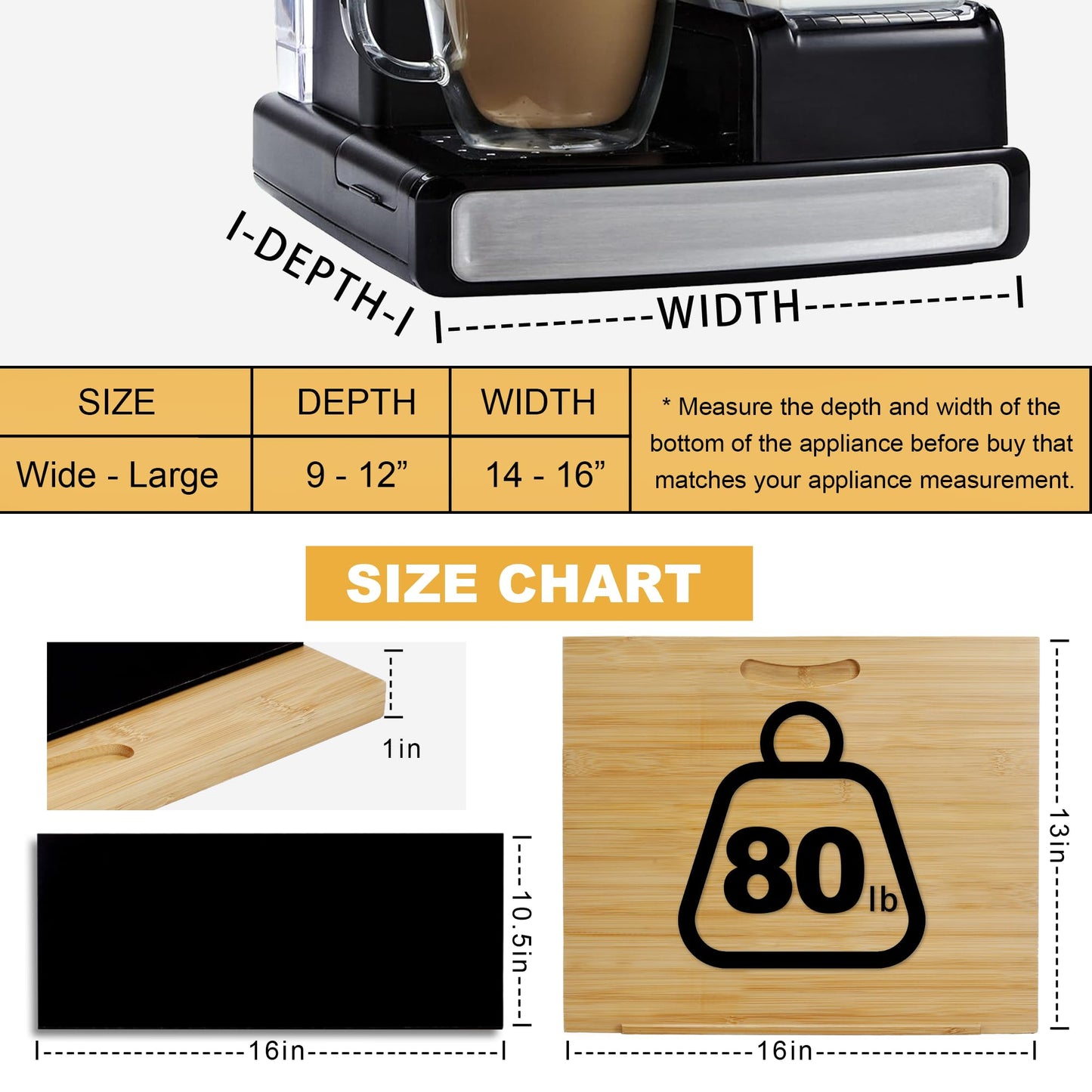 MinBoo Bamboo Appliance Slider,Sliding Tray for Coffee Maker, Kitchen Countertop Appliance Rolling Tray,Slides Easily from Under The Cabinet,Wide - Large (16" Wx13 D)