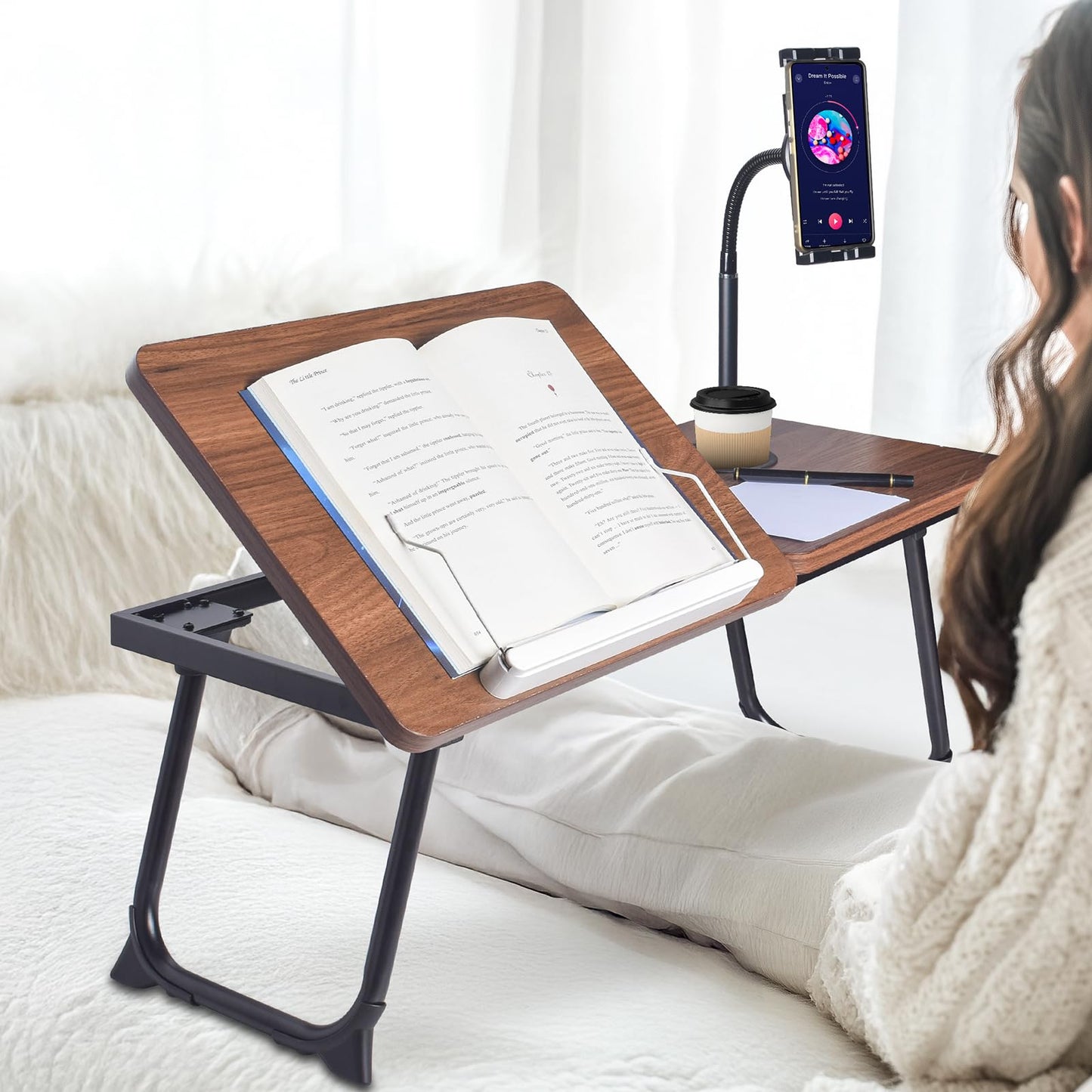 wishacc 28.7" Extra Wide Laptop Lap Desk for Bed and Sofa, Adjustable Bed Desk with Flexible Phone & Tablet Mount, Portable Black Lap Tray Table for Floor Couch Work, 2 Book Clips Included